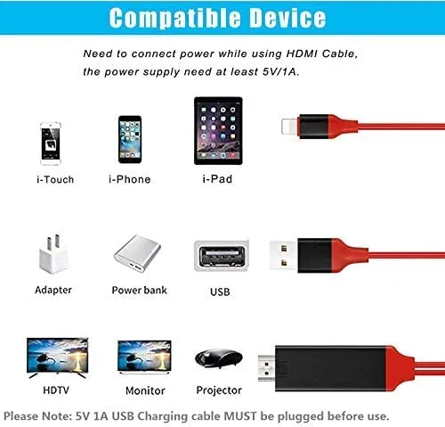 1080P Lightning to HDMI Cable Adapter Sync Audio Video Charge Port Connector For Apple iPhone iPad to HD TV /Projector /Monitor