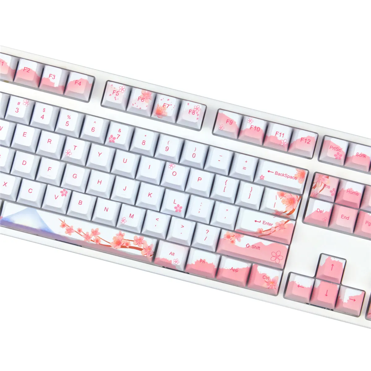 128 Keys Cherry Blossoms Keycap Set Cherry Profile PBT Five-sided Sublimation Mount Fuji Sakuras Pink Flower Keycaps for Mechanical Keyboards