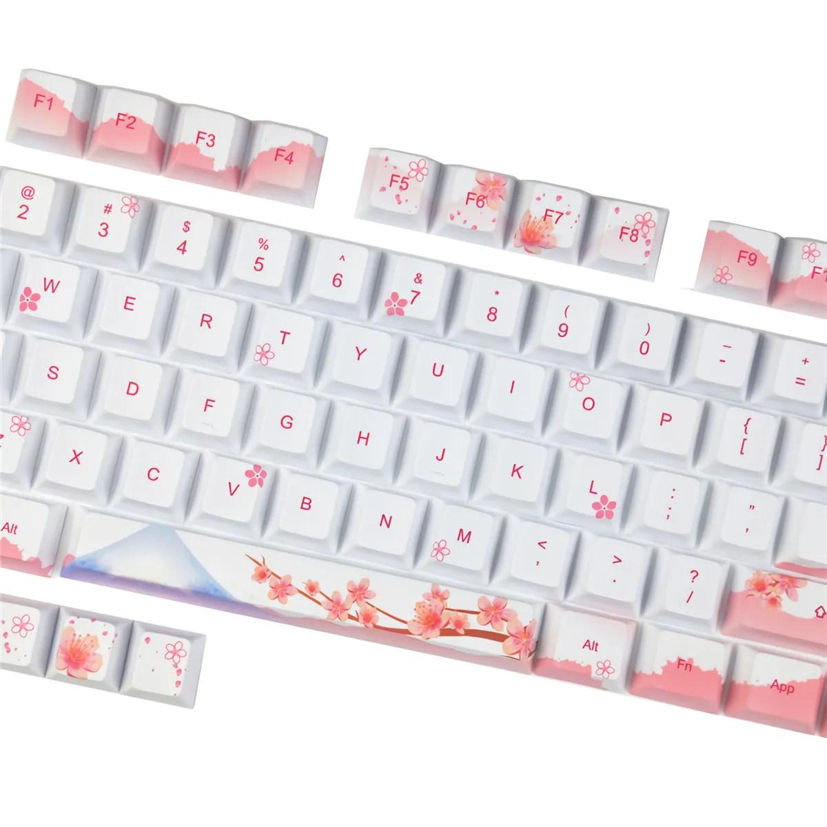 128 Keys Cherry Blossoms Keycap Set Cherry Profile PBT Five-sided Sublimation Mount Fuji Sakuras Pink Flower Keycaps for Mechanical Keyboards