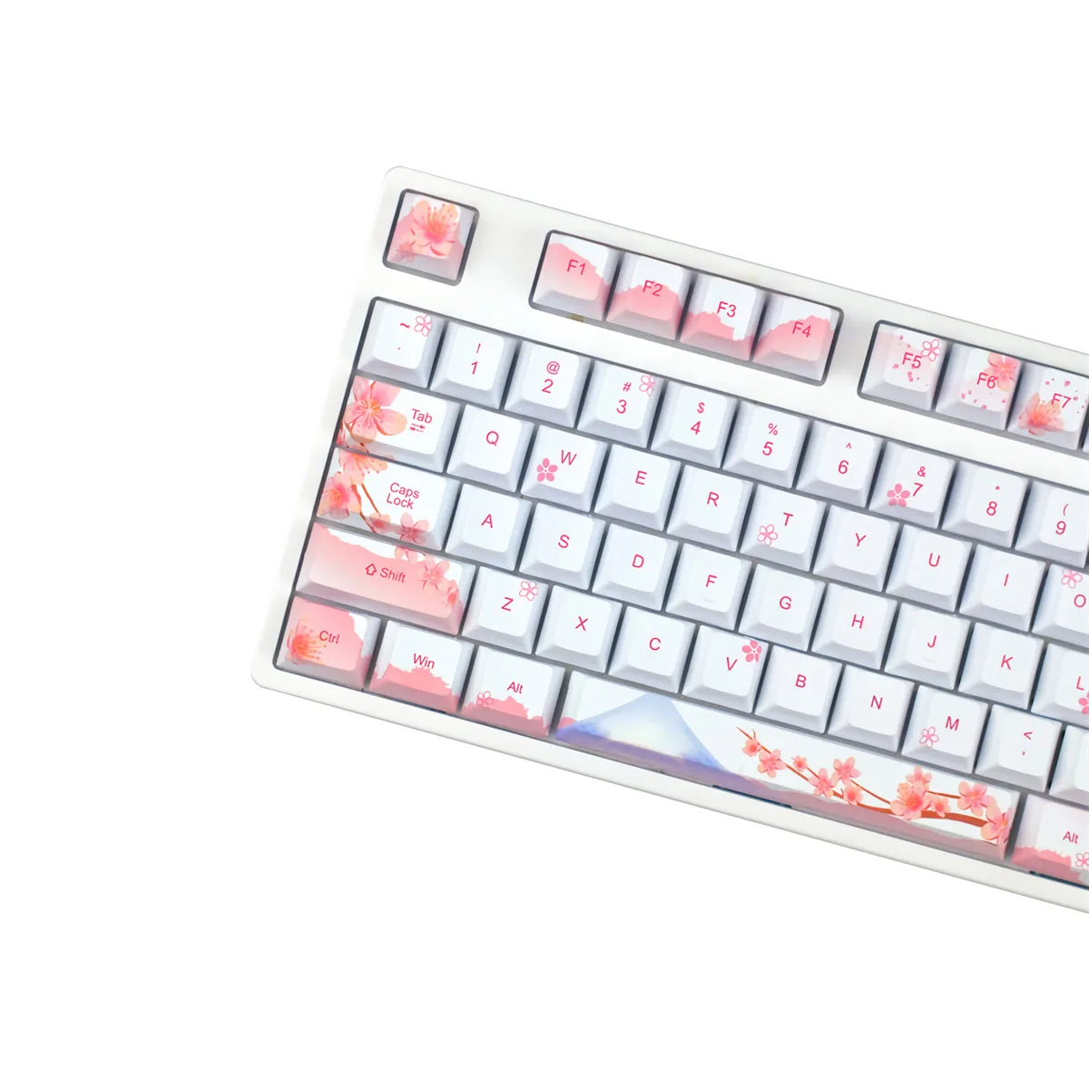 128 Keys Cherry Blossoms Keycap Set Cherry Profile PBT Five-sided Sublimation Mount Fuji Sakuras Pink Flower Keycaps for Mechanical Keyboards