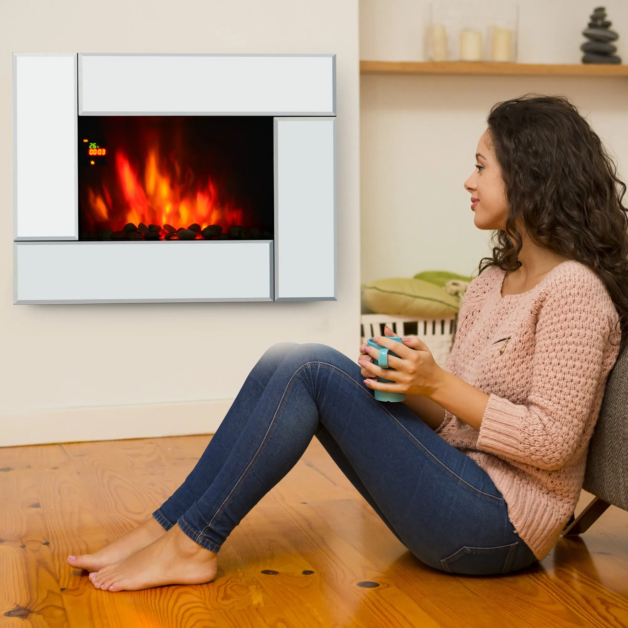 1800W Wall Mounted Electric Fireplace Heater 7 Coloured LED Fire Glass Screen with Pebble Effect & Remote Control