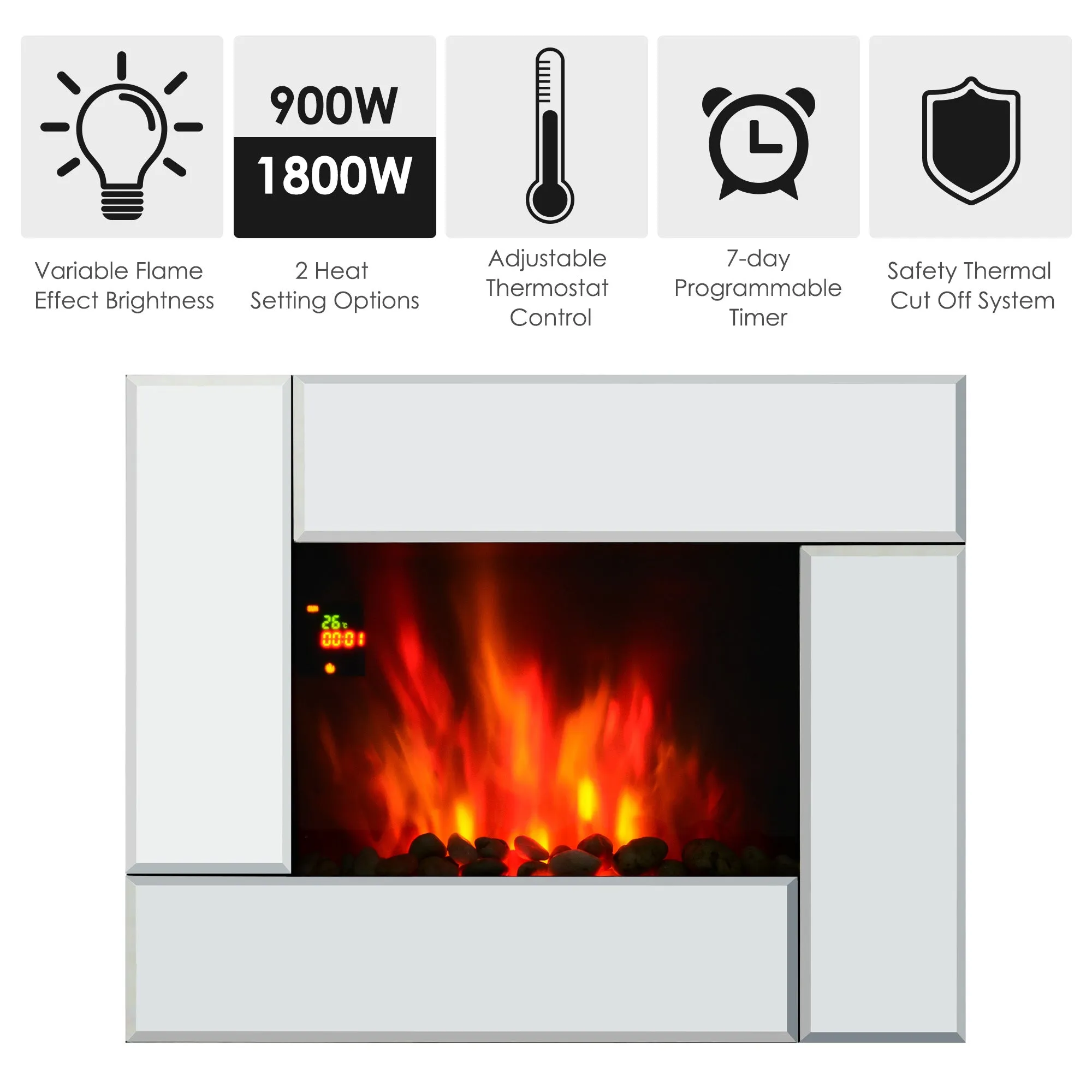 1800W Wall Mounted Electric Fireplace Heater 7 Coloured LED Fire Glass Screen with Pebble Effect & Remote Control