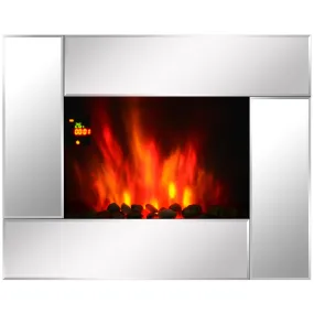 1800W Wall Mounted Electric Fireplace Heater 7 Coloured LED Fire Glass Screen with Pebble Effect & Remote Control