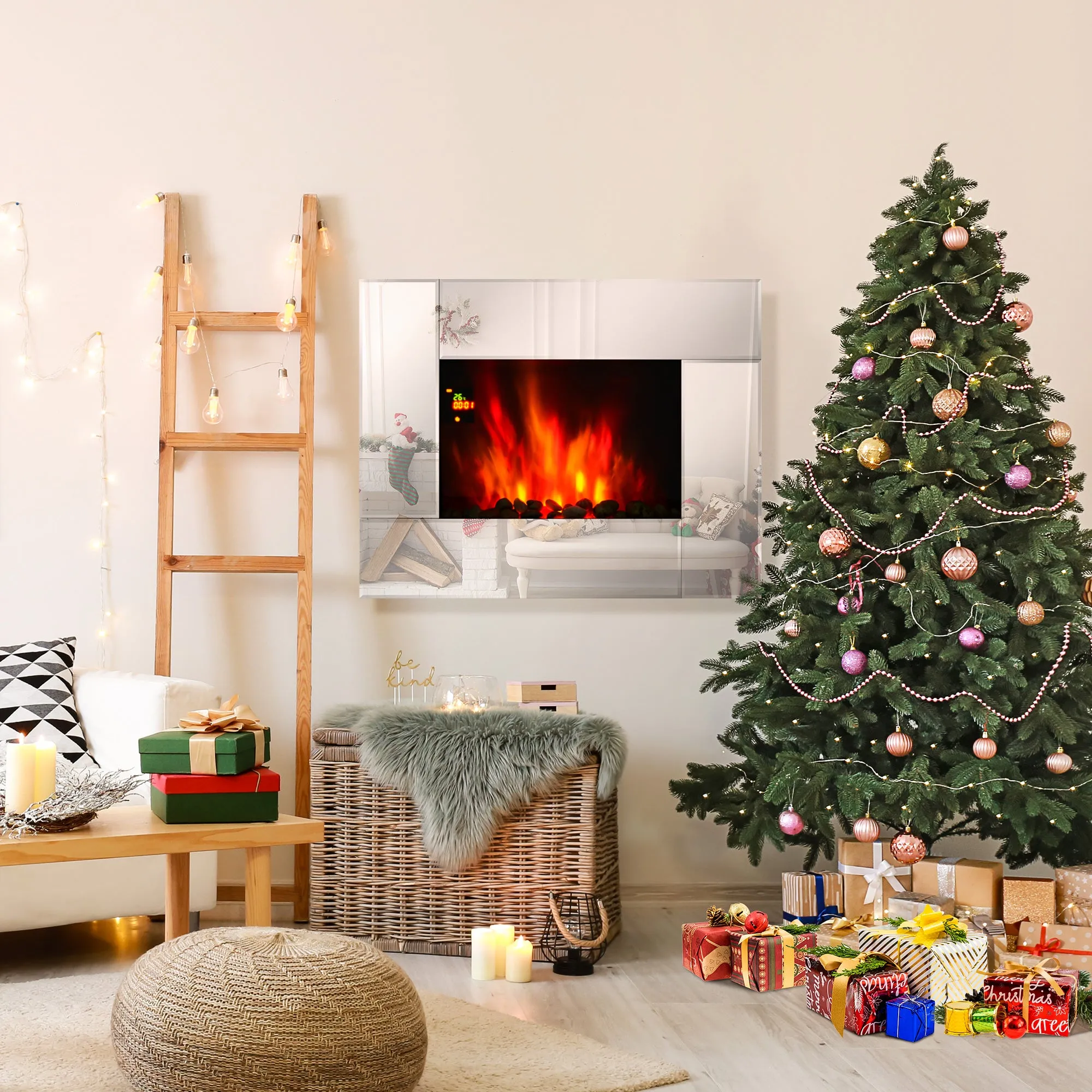 1800W Wall Mounted Electric Fireplace Heater 7 Coloured LED Fire Glass Screen with Pebble Effect & Remote Control