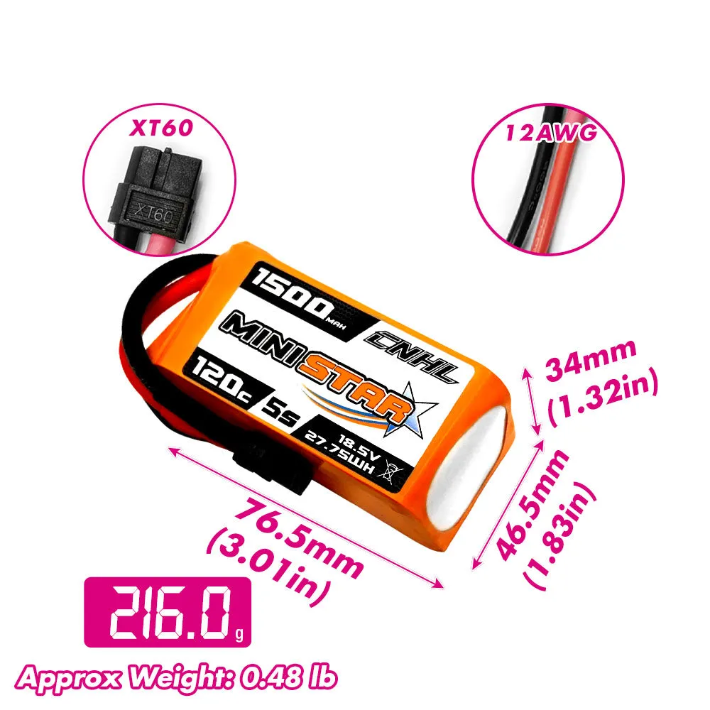 2 Packs CNHL MiniStar 1500mAh 18.5V 5S 120C Lipo Battery with XT60 Plug-UK Warehouse