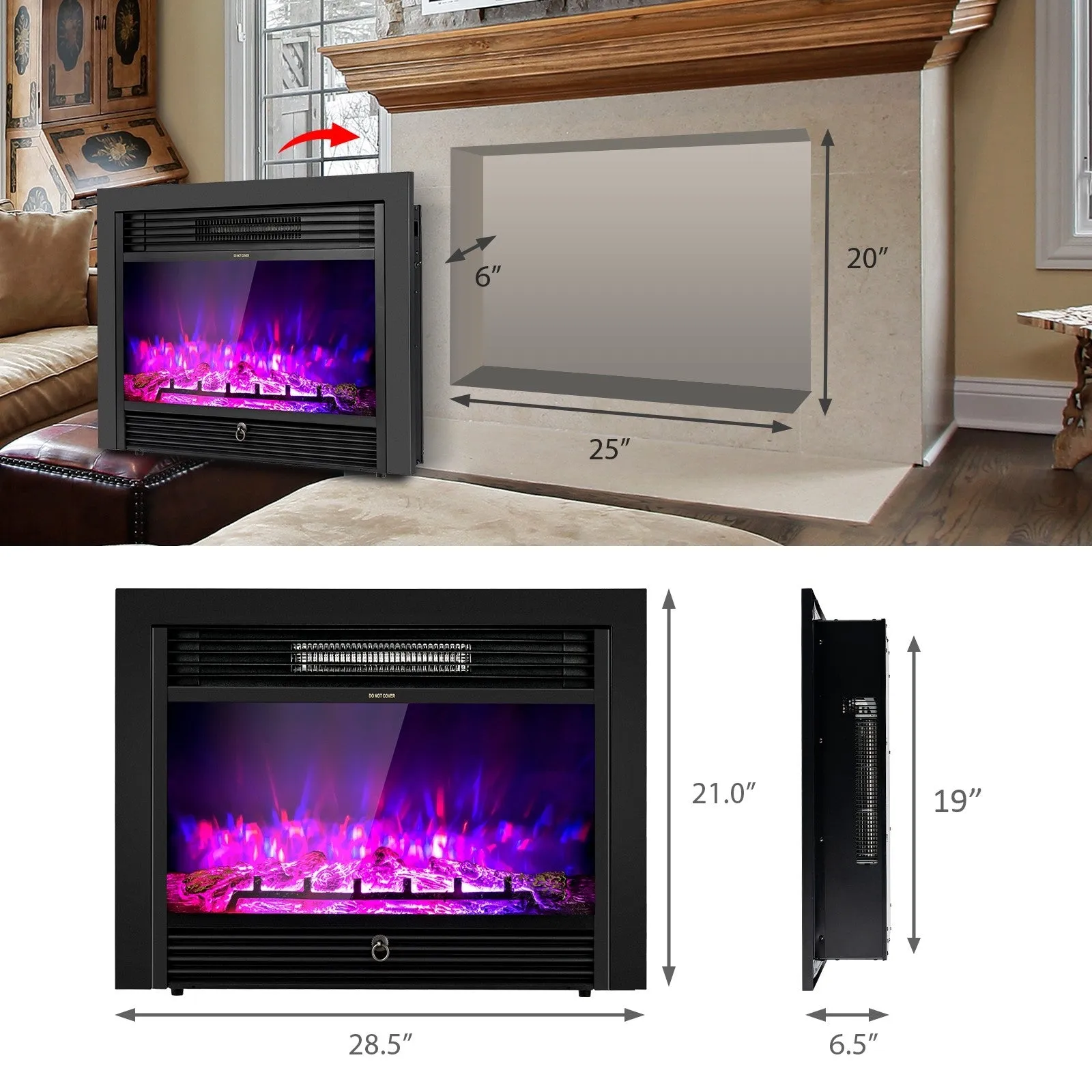 28.5 inch Recessed Mounted Standing Fireplace Heater with 3 Flame Option