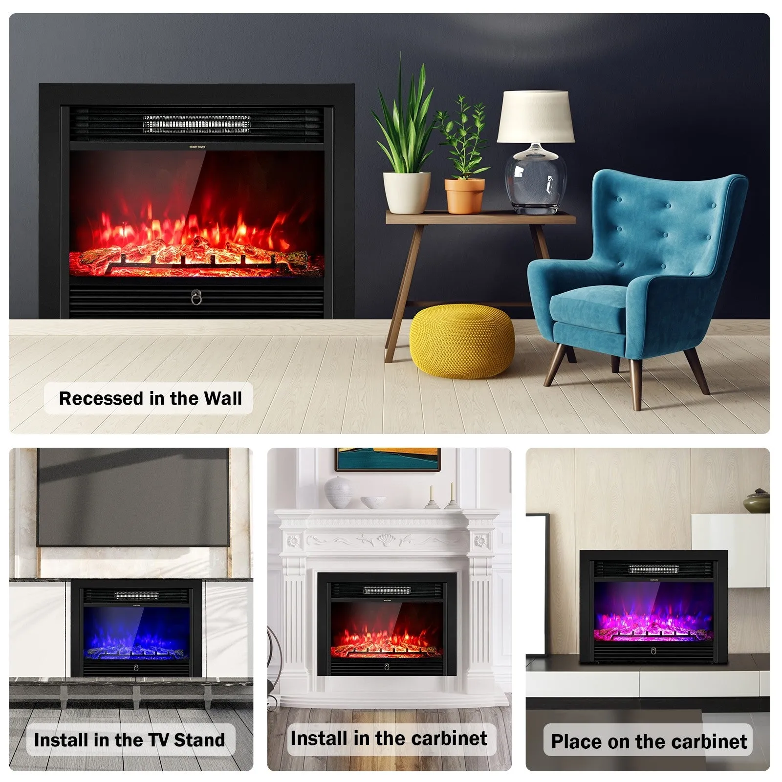 28.5 inch Recessed Mounted Standing Fireplace Heater with 3 Flame Option