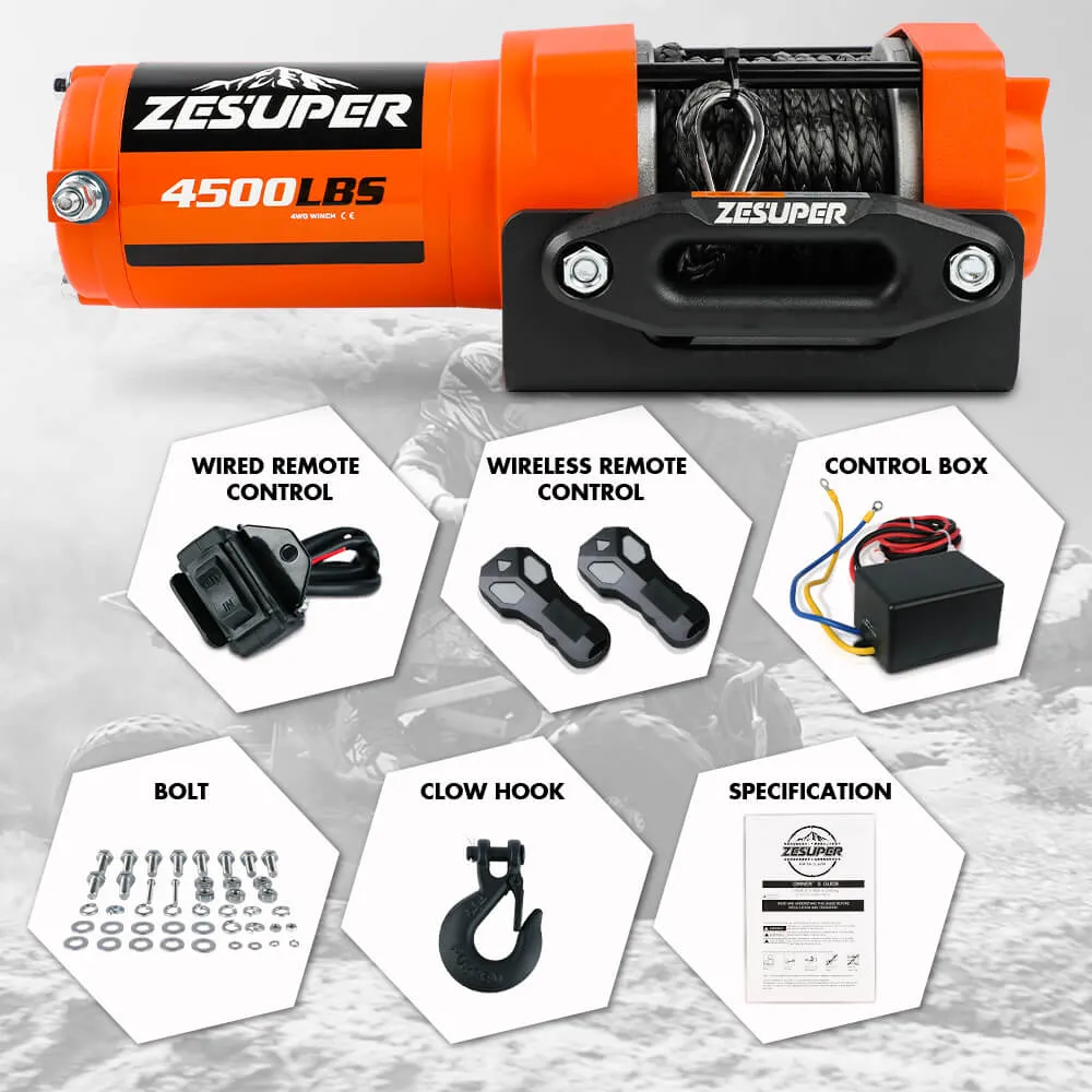 4500lb 12V Electric Winch, Synthetic Rope, 3-Stage Planetary - ZESUPER