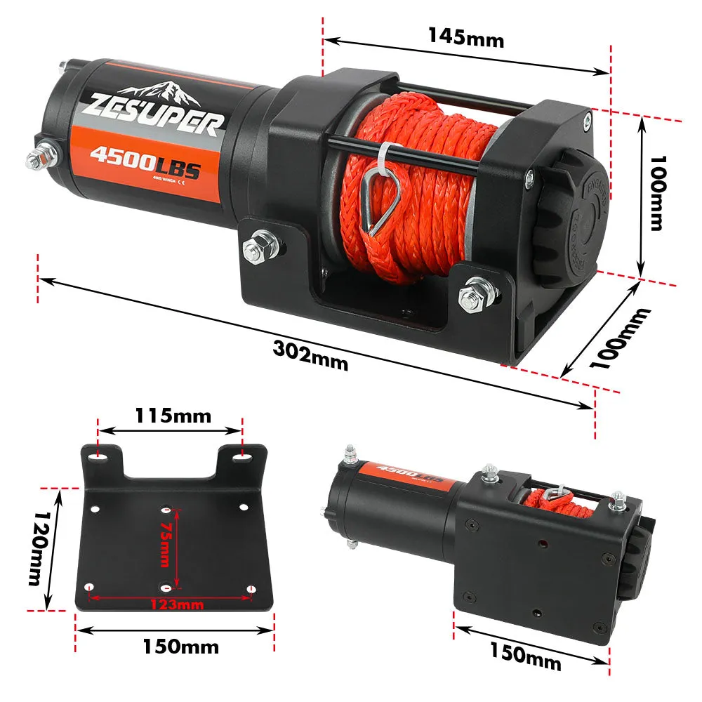 4500LB 12V Electric Winch with Synthetic Rope for ATV & Boat - ZESUPER