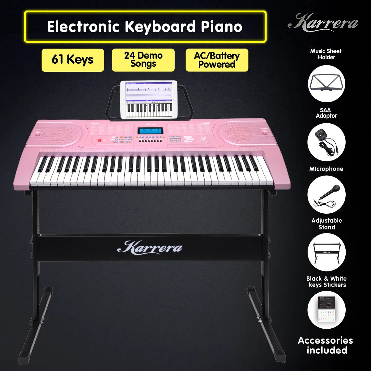 61-Key Pink Electronic Keyboard Piano with Stand, LCD Display