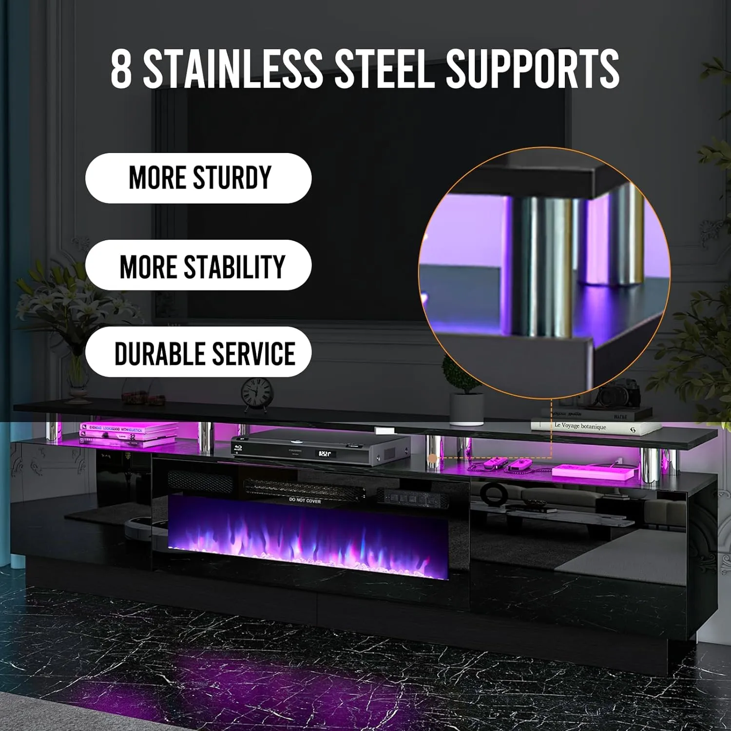 70"/80" 2 Tiers Luxury Modern High Gloss Fireplace TV Stand