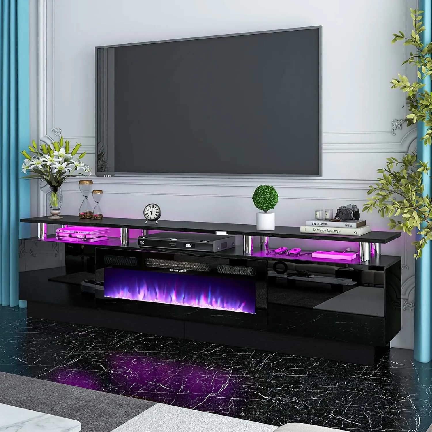 70"/80" 2 Tiers Luxury Modern High Gloss Fireplace TV Stand