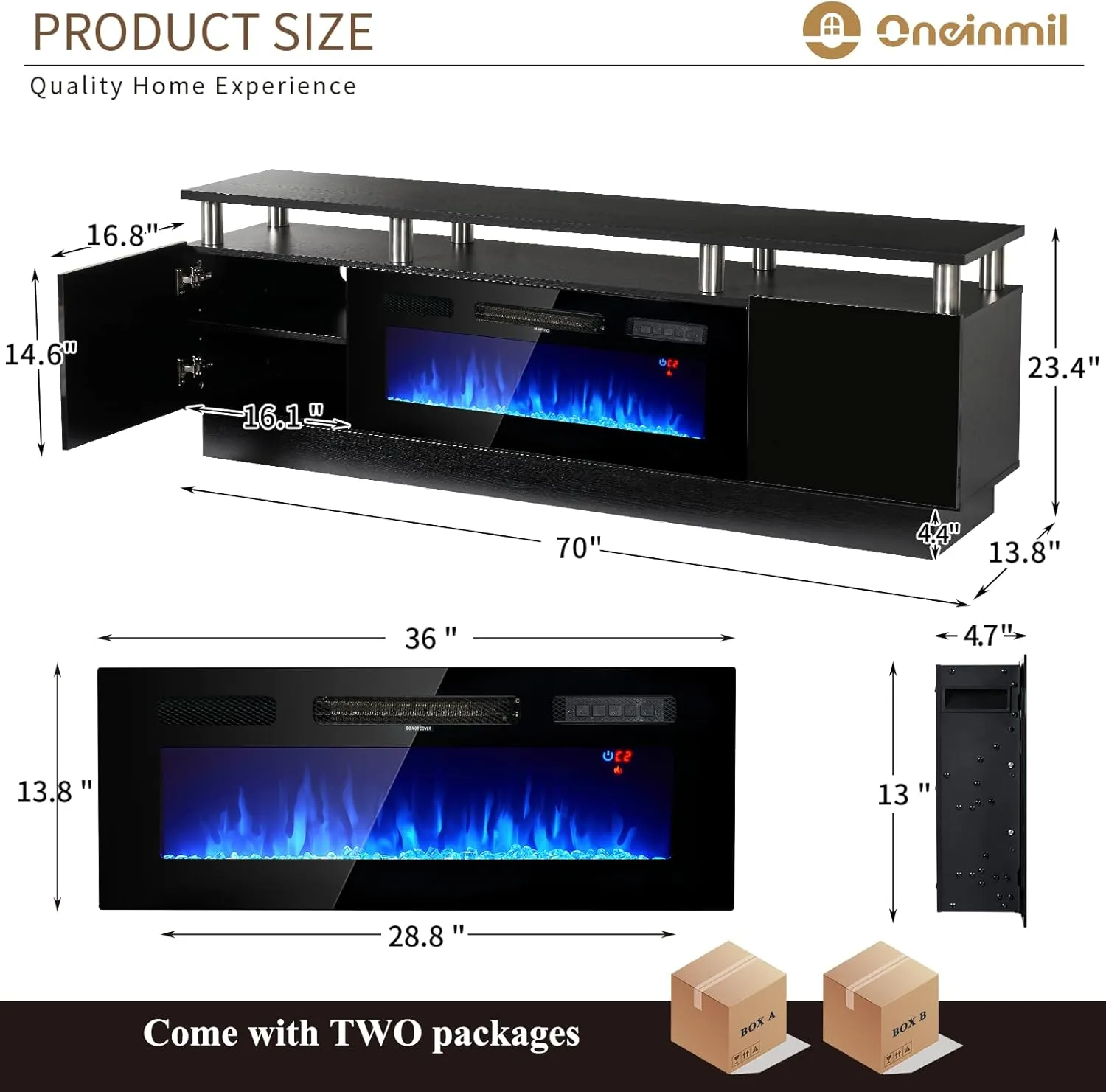 70"/80" 2 Tiers Luxury Modern High Gloss Fireplace TV Stand