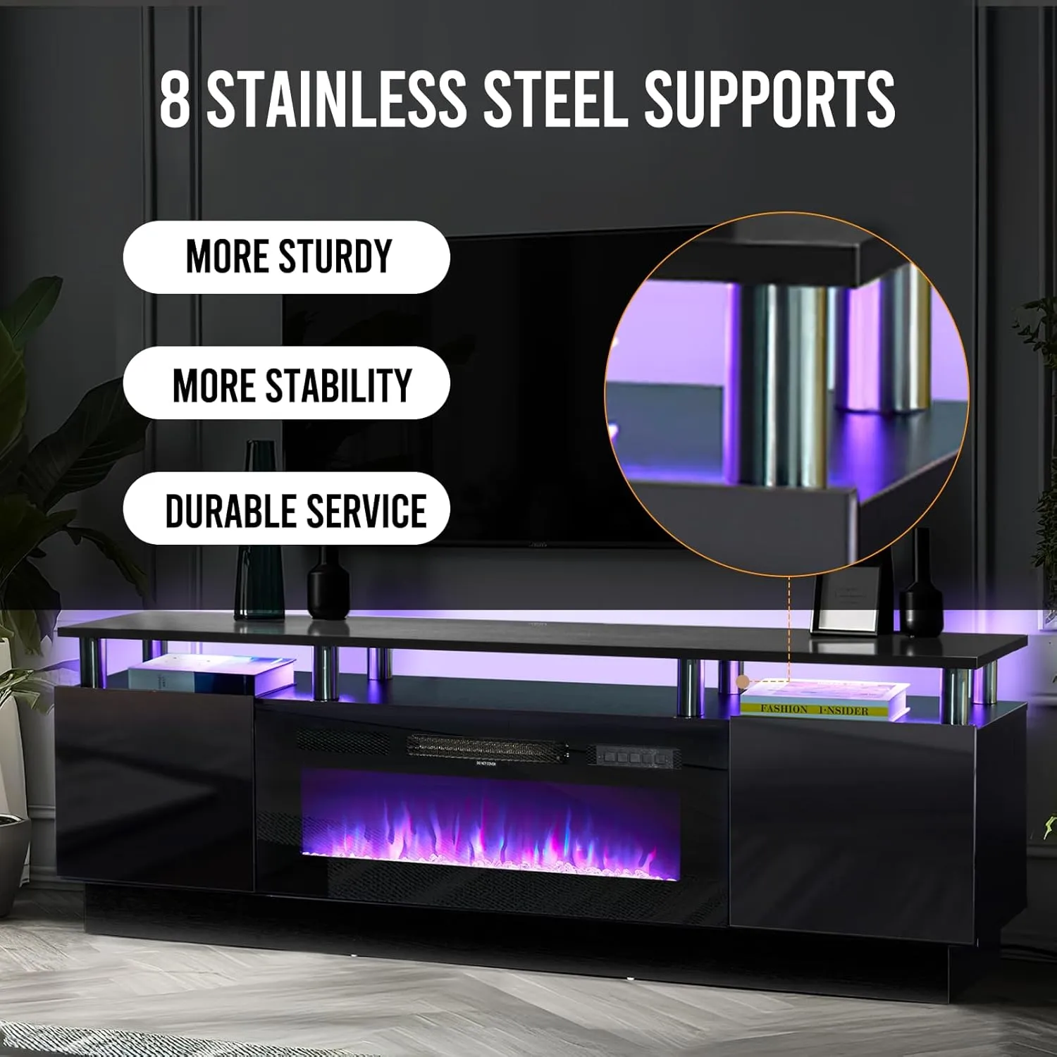 70"/80" 2 Tiers Luxury Modern High Gloss Fireplace TV Stand