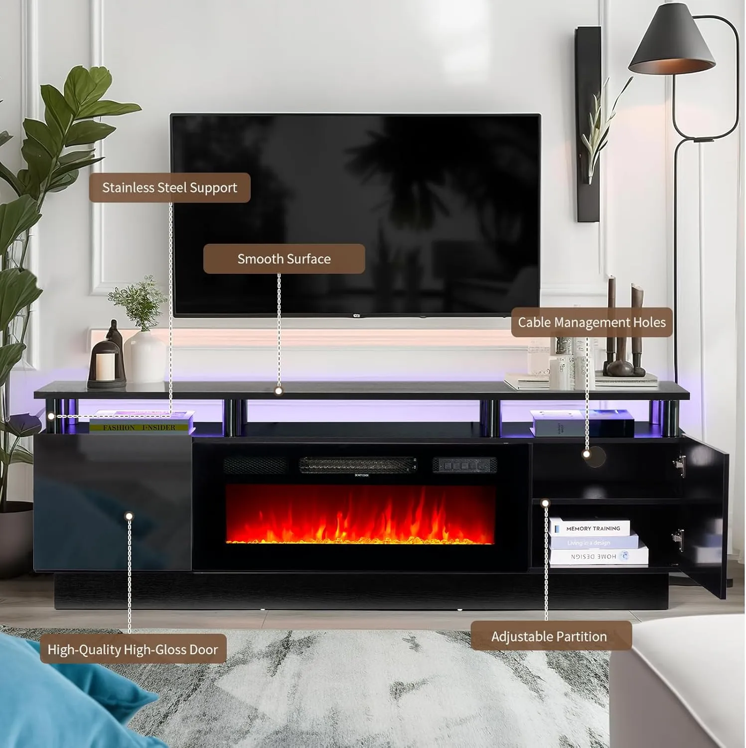 70"/80" 2 Tiers Luxury Modern High Gloss Fireplace TV Stand