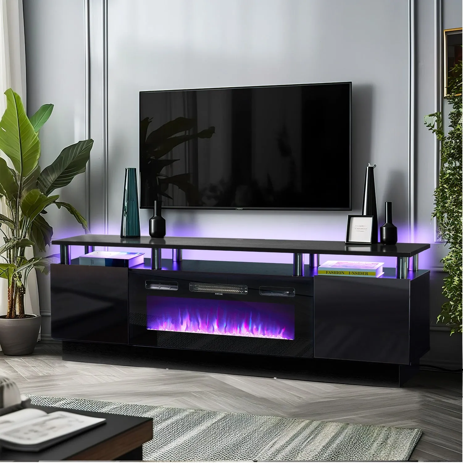 70"/80" 2 Tiers Luxury Modern High Gloss Fireplace TV Stand