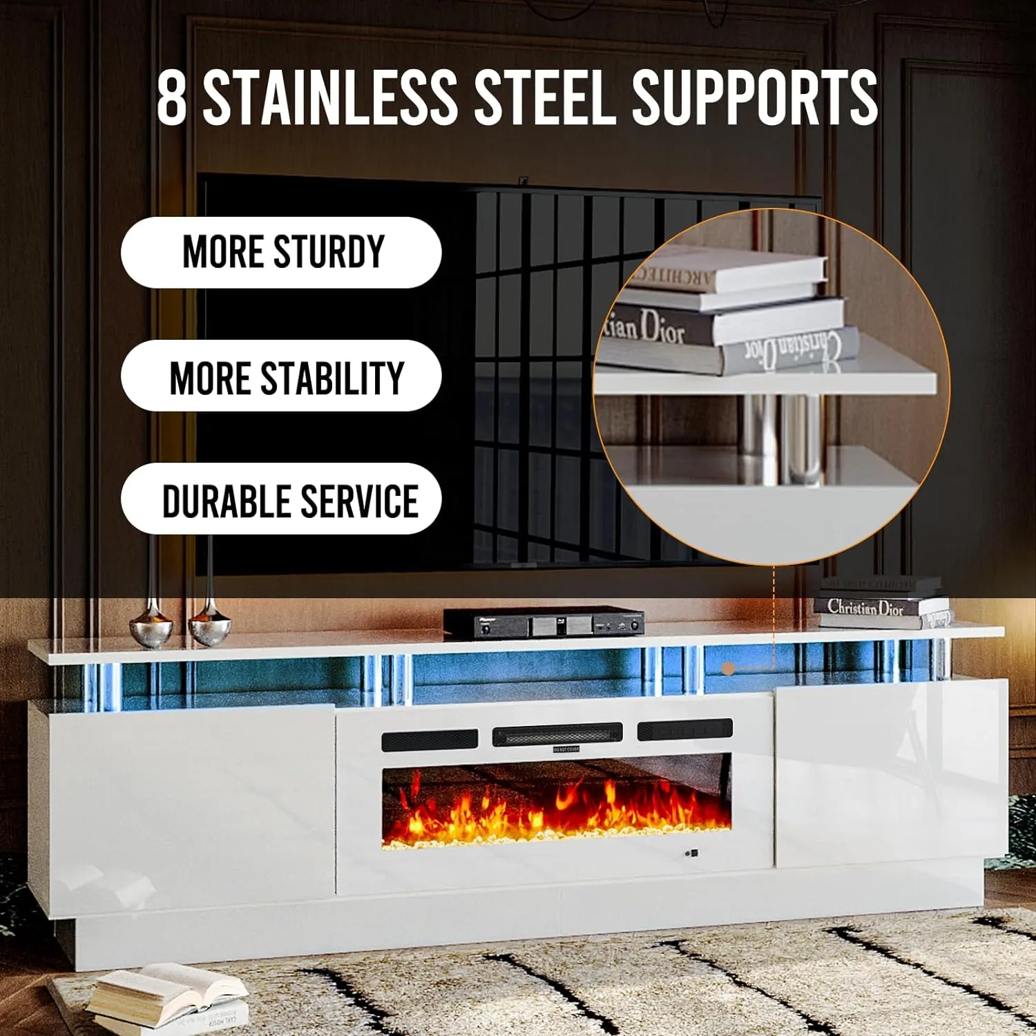 70"/80" 2 Tiers Luxury Modern High Gloss Fireplace TV Stand