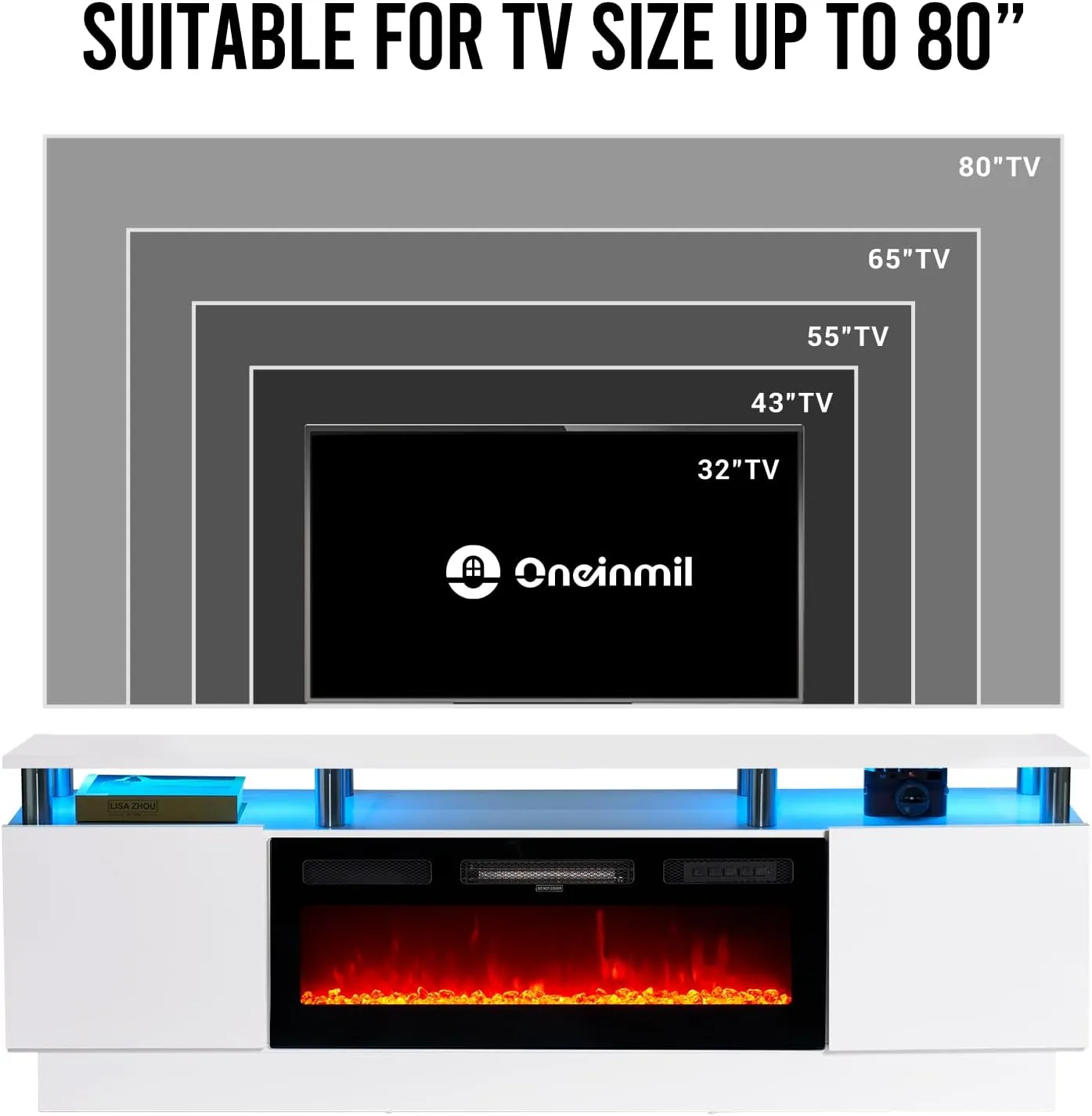 70"/80" 2 Tiers Luxury Modern High Gloss Fireplace TV Stand