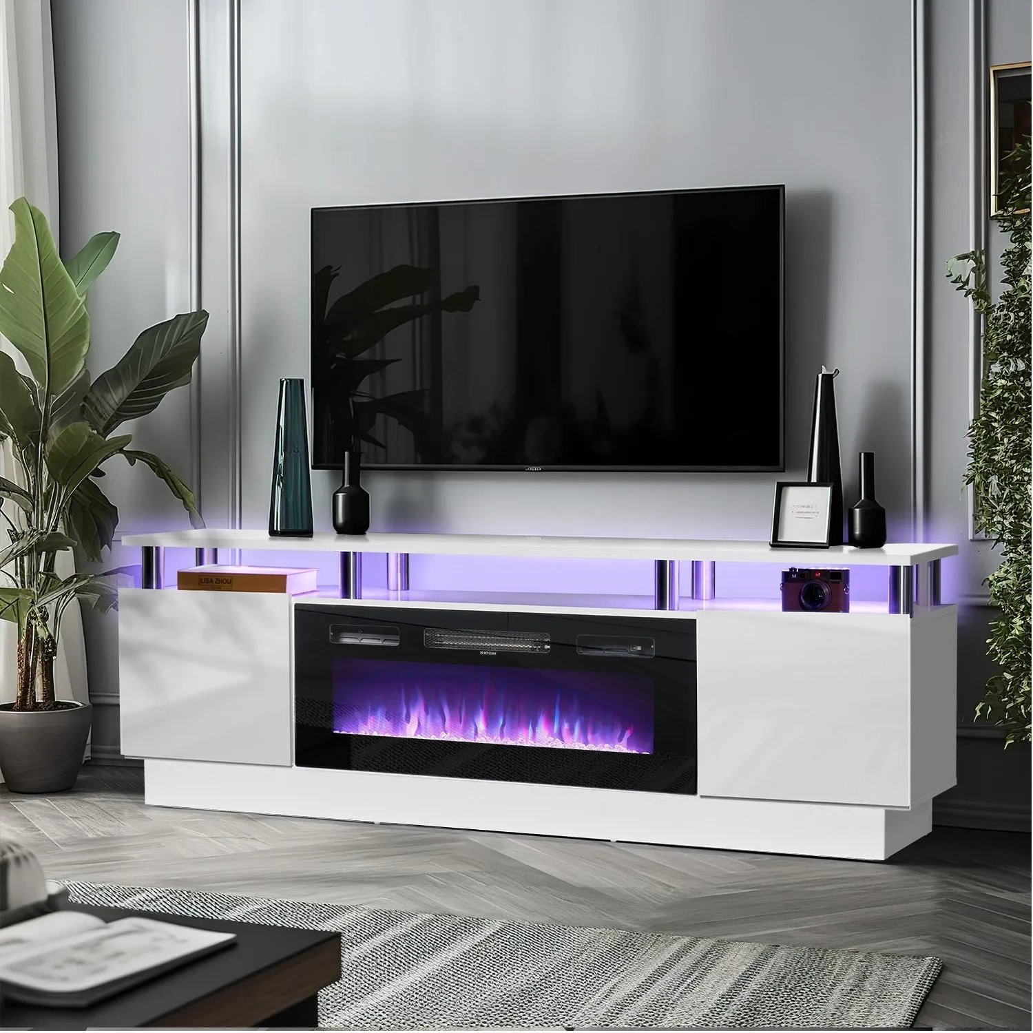 70"/80" 2 Tiers Luxury Modern High Gloss Fireplace TV Stand