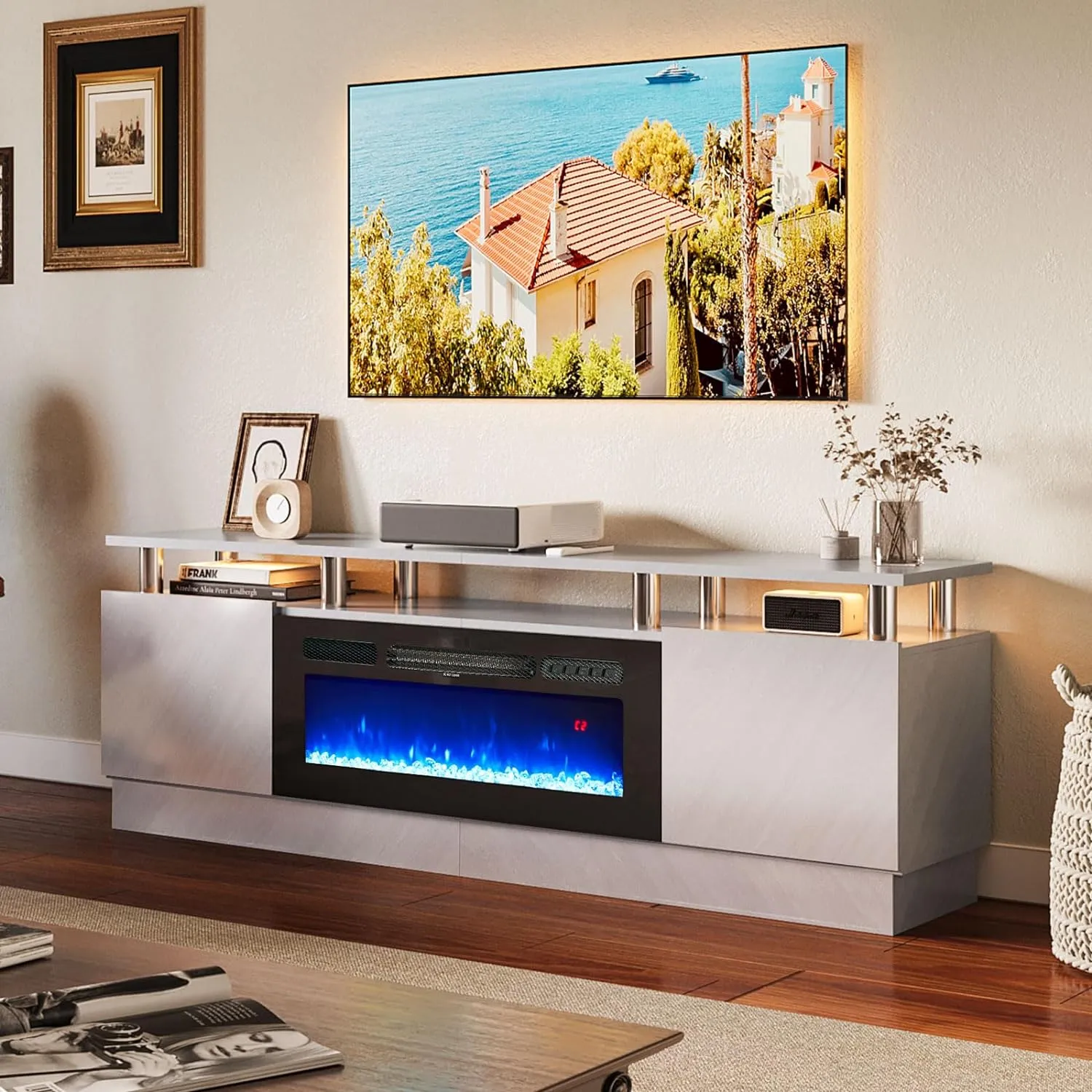 70"/80" 2 Tiers Luxury Modern High Gloss Fireplace TV Stand