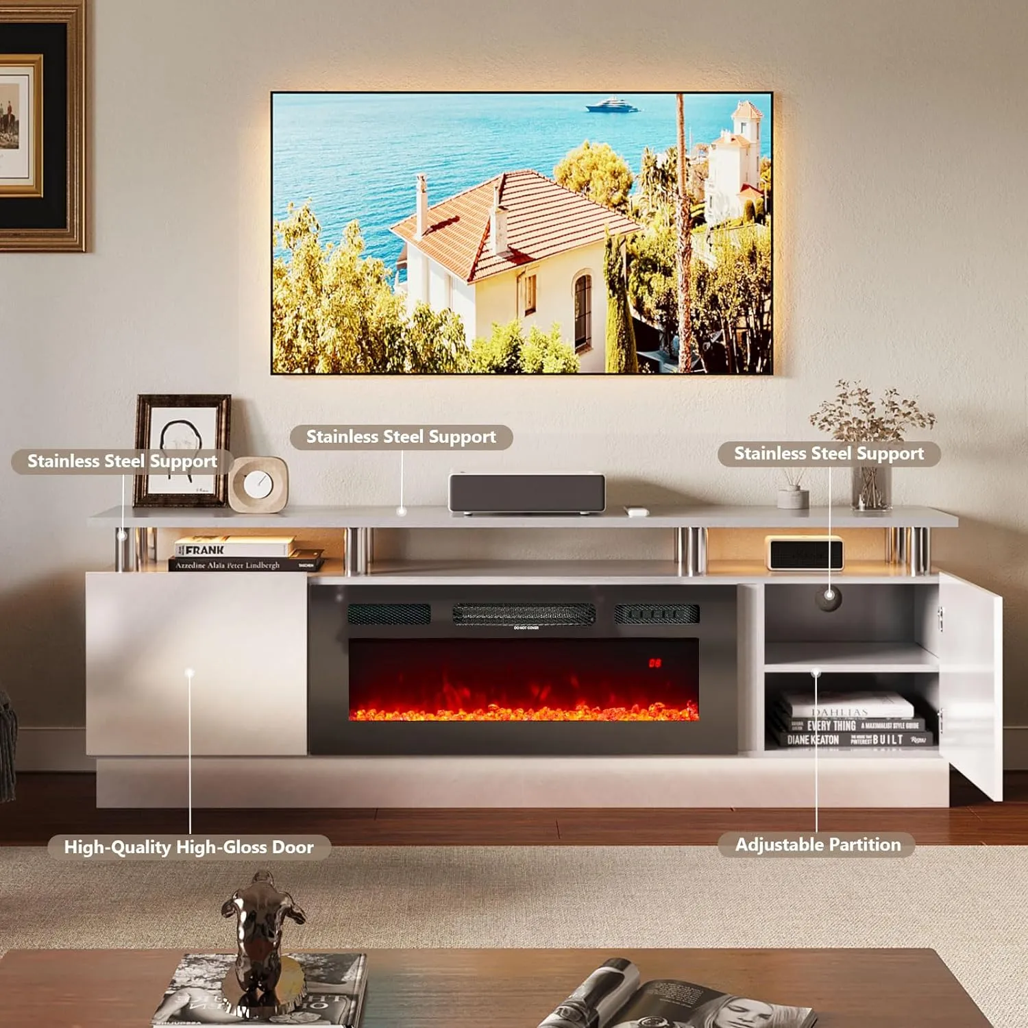 70"/80" 2 Tiers Luxury Modern High Gloss Fireplace TV Stand