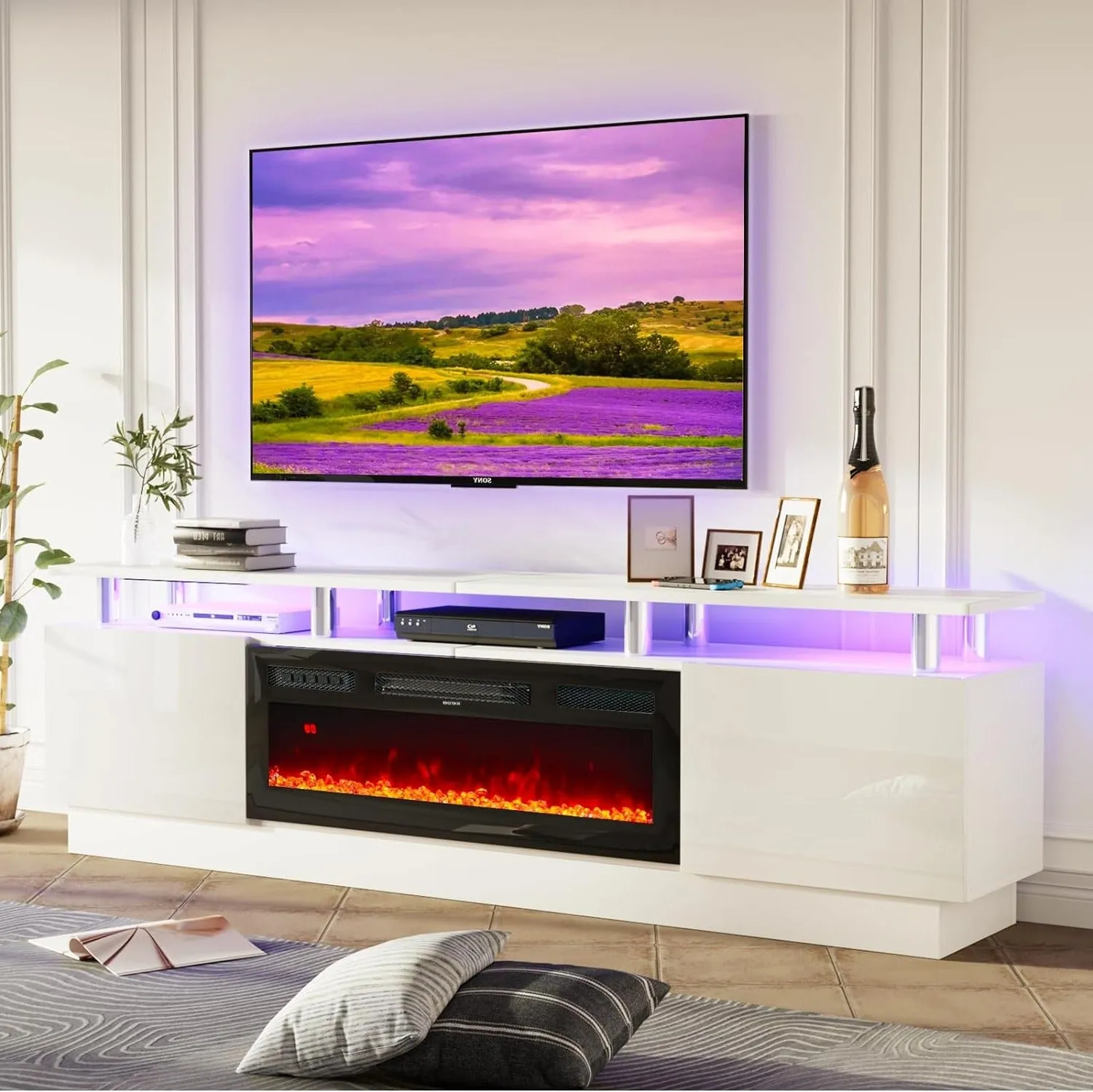 70"/80" 2 Tiers Luxury Modern High Gloss Fireplace TV Stand