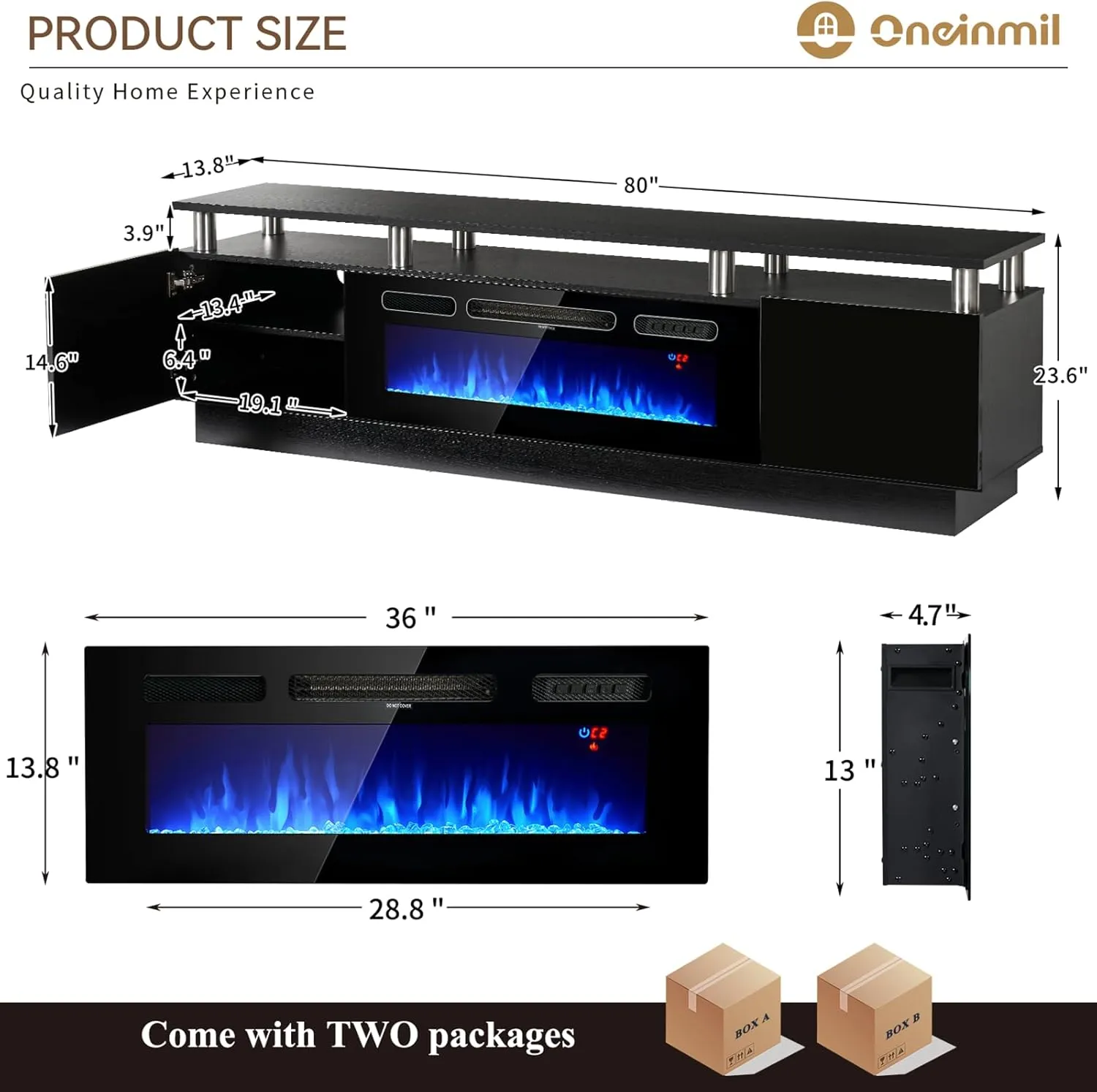 70"/80" 2 Tiers Luxury Modern High Gloss Fireplace TV Stand