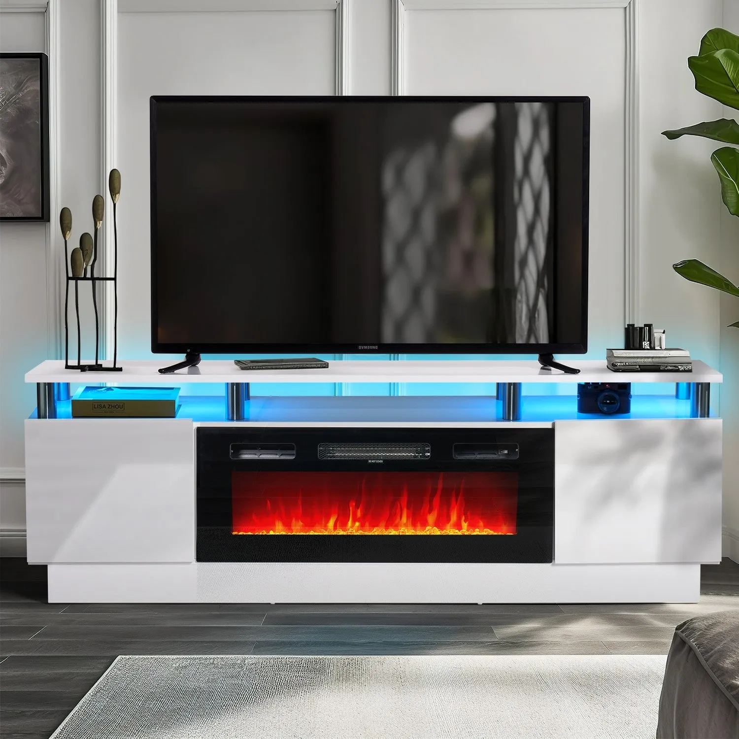 70"/80" 2 Tiers Luxury Modern High Gloss Fireplace TV Stand