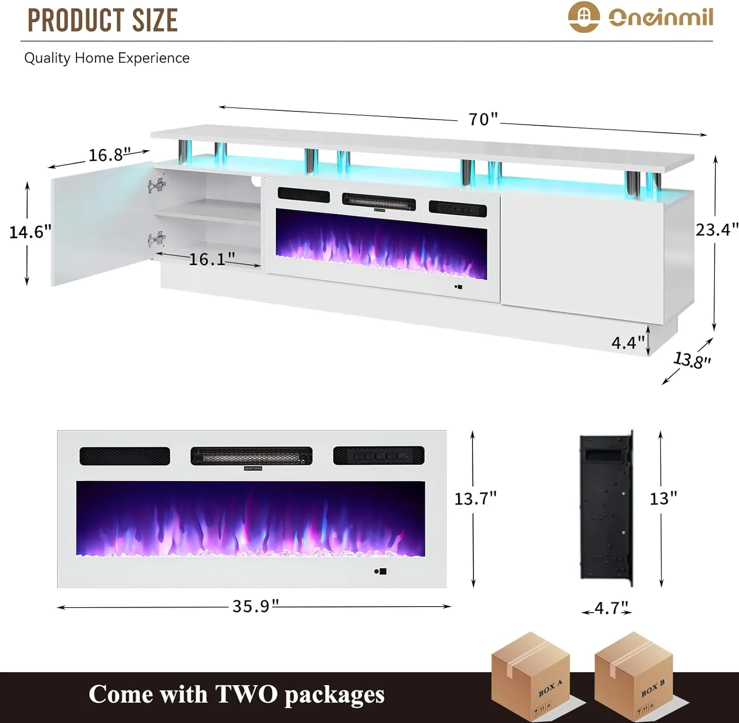 70"/80" 2 Tiers Luxury Modern High Gloss Fireplace TV Stand