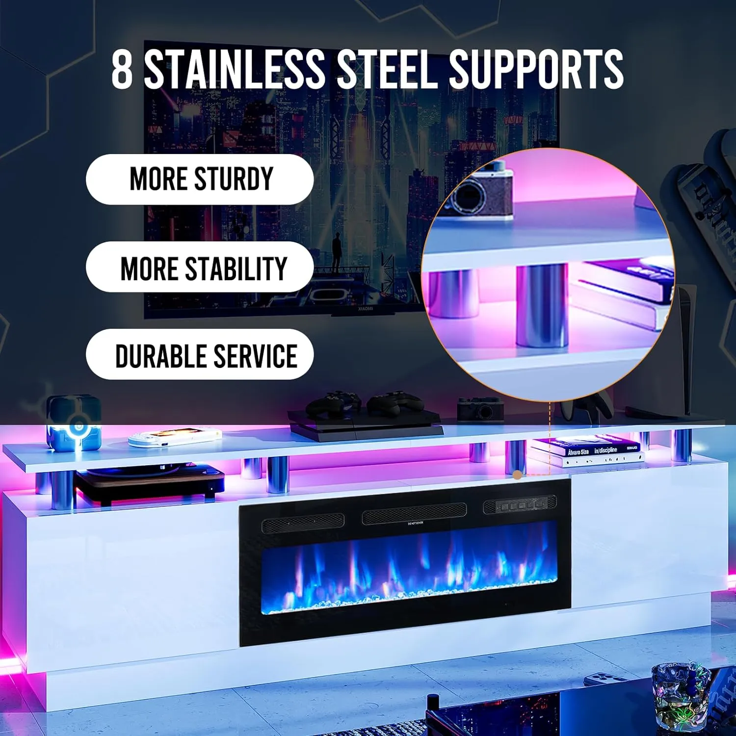 70"/80" 2 Tiers Luxury Modern High Gloss Fireplace TV Stand