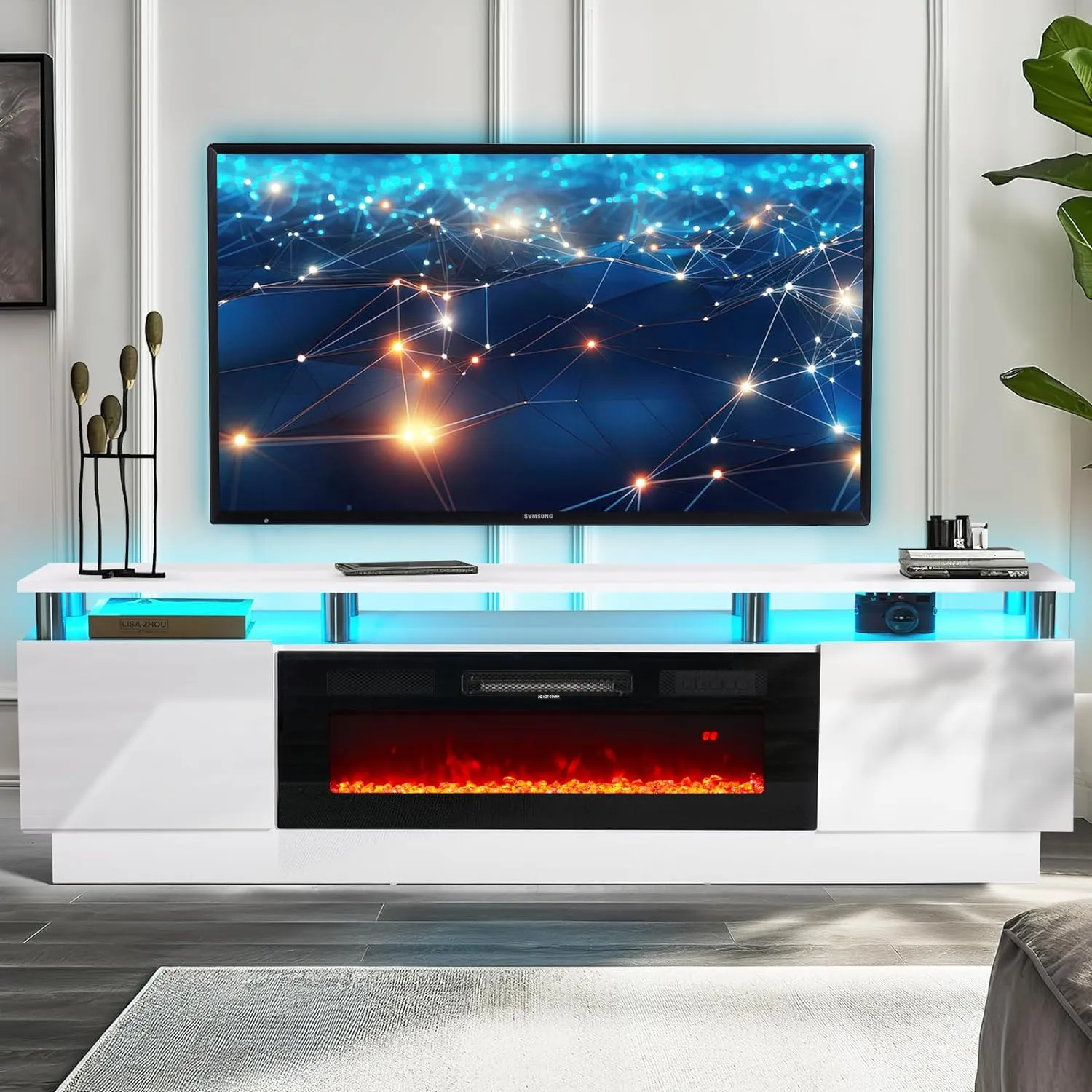 70"/80" 2 Tiers Luxury Modern High Gloss Fireplace TV Stand