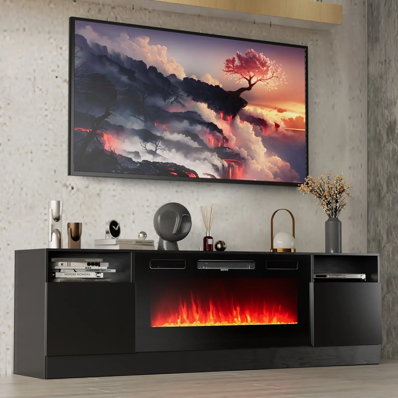 70"/80" Wood Texture Fireplace TV Stand with Storage Cabinet