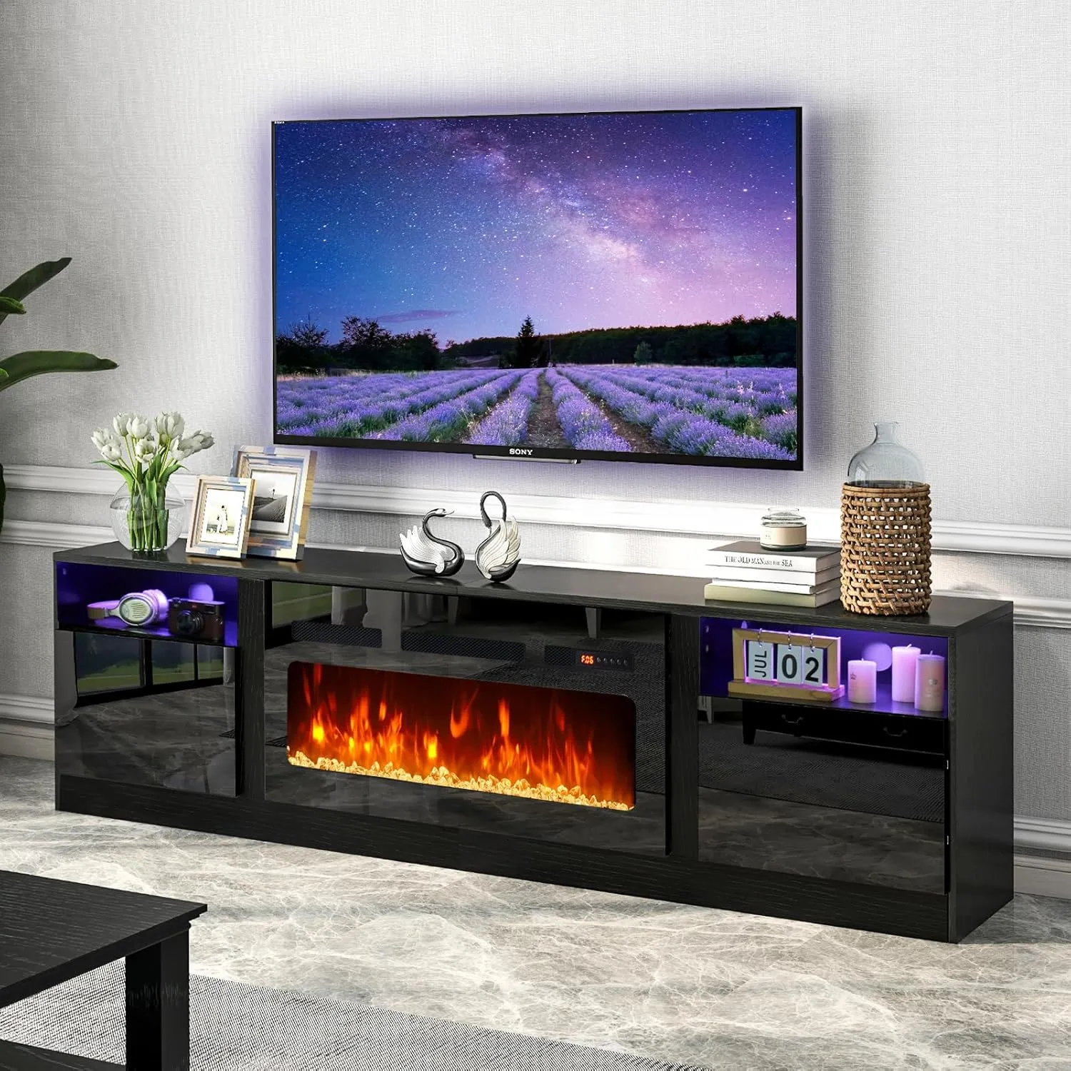 70"/80" Wood Texture Fireplace TV Stand with Storage Cabinet