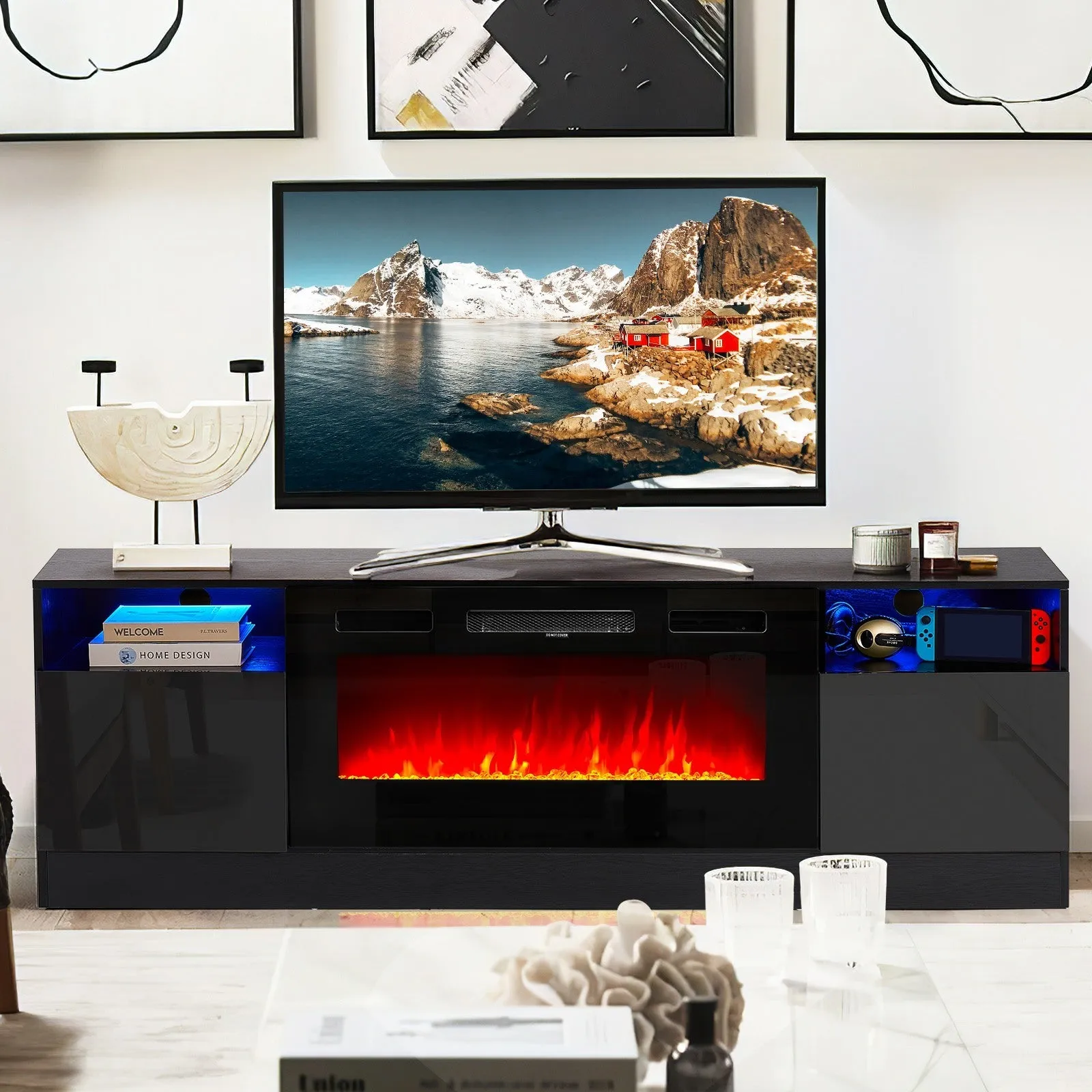 70"/80" Wood Texture Fireplace TV Stand with Storage Cabinet