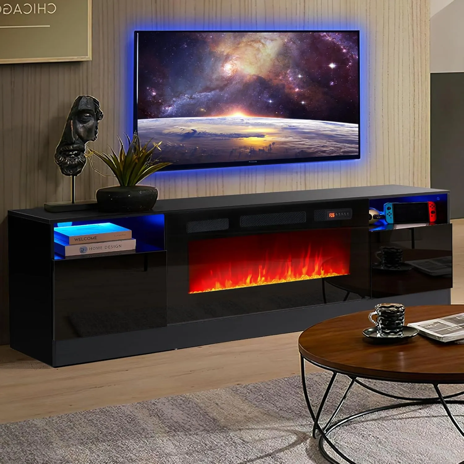 70"/80" Wood Texture Fireplace TV Stand with Storage Cabinet