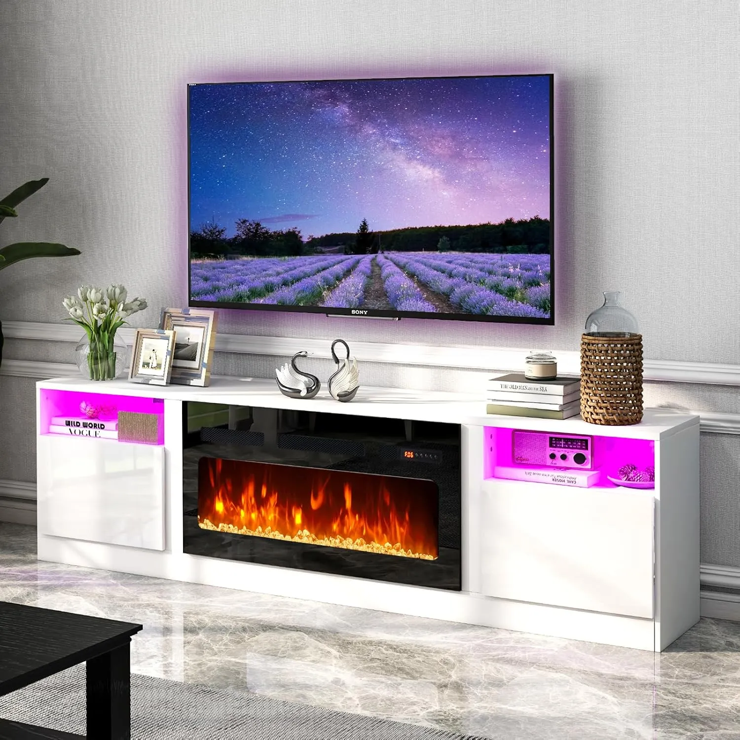 70"/80" Wood Texture Fireplace TV Stand with Storage Cabinet