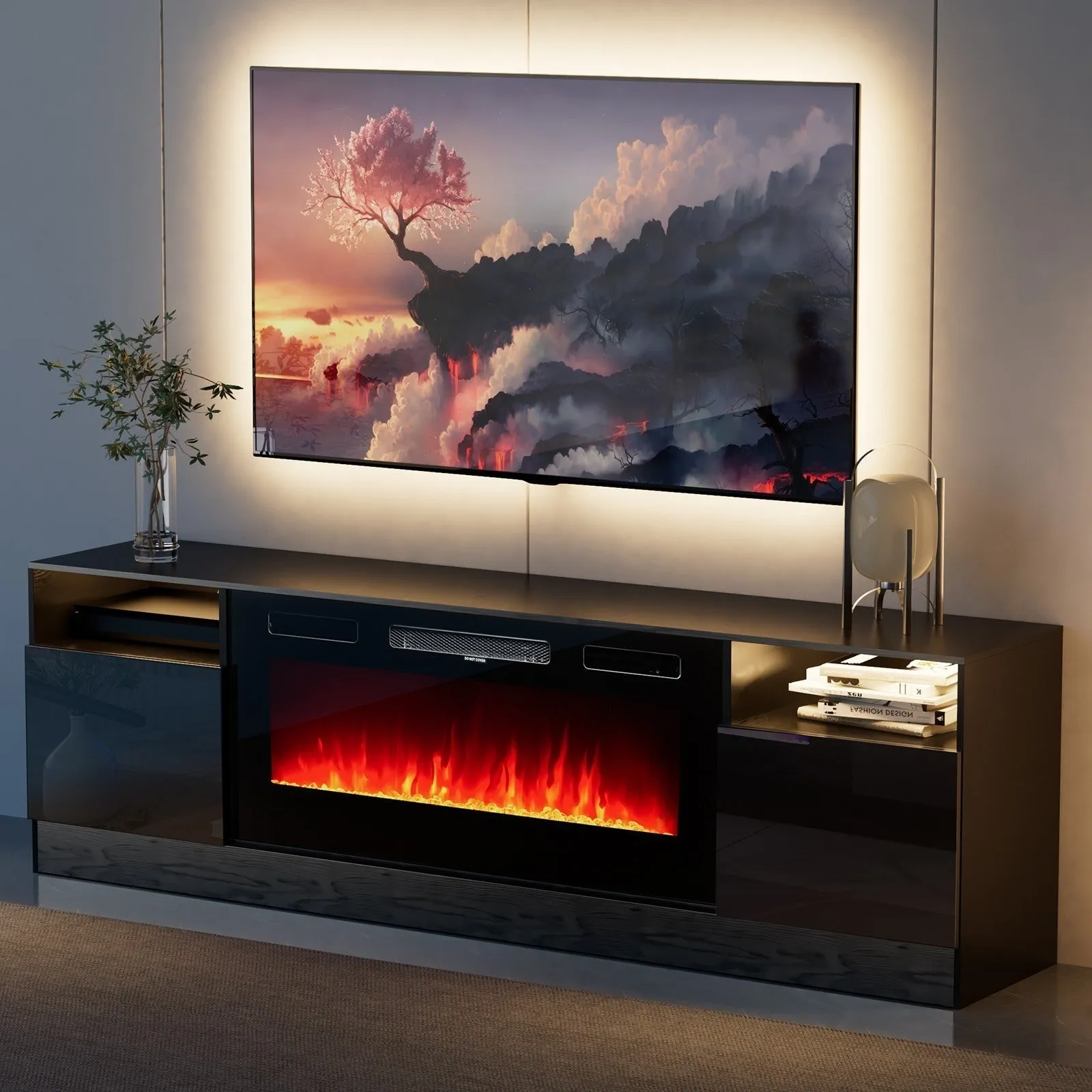 70"/80" Wood Texture Fireplace TV Stand with Storage Cabinet