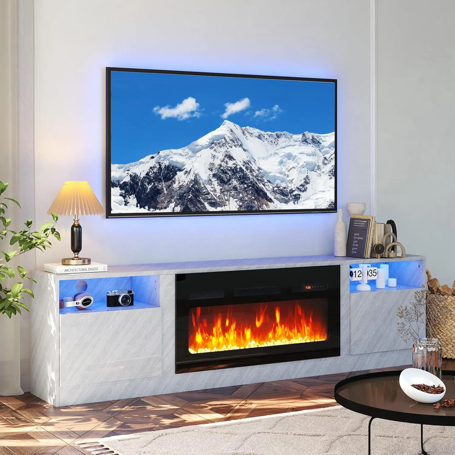 70"/80" Wood Texture Fireplace TV Stand with Storage Cabinet