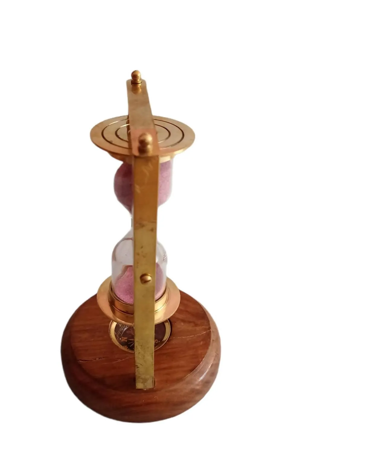 Brass Antique Sand Timer with Compass On Wooden Base Hour Glass Clock