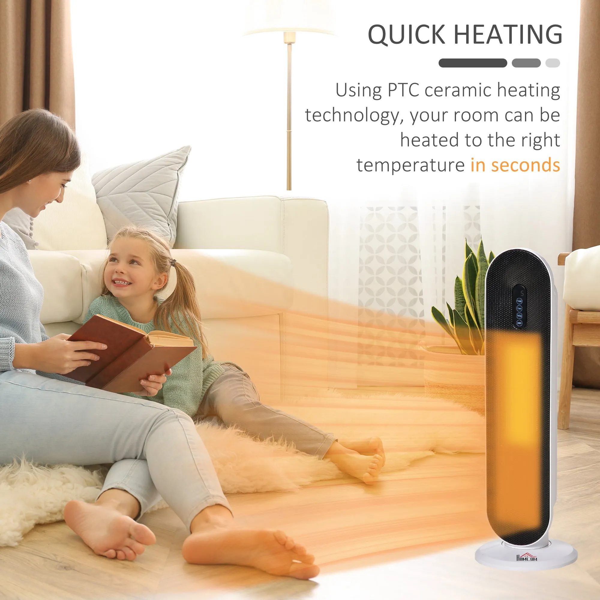 Ceramic Space Heater, Indoor Tower Heater with 45 Degree Oscillation, Remote Control, 24H Timer, Tip-Over & Overheating Protection, 1200W/2000W