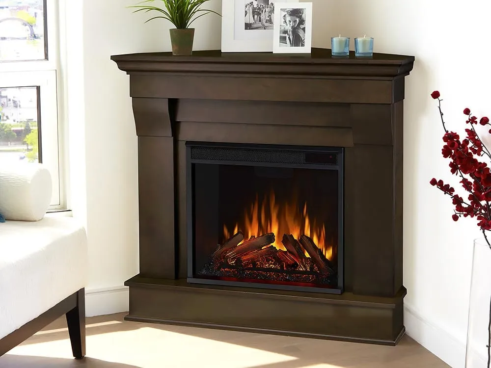 Chateau Corner Electric Fireplace Mantel Package in Dark Walnut