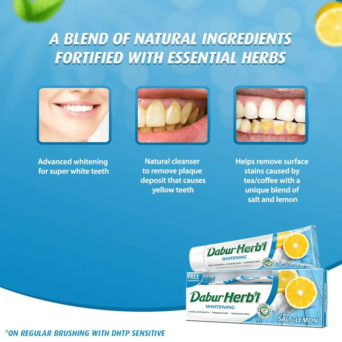 Dabur Herbal Whitening Salt & Lemon Toothpaste With Tooth Brush Free - 150g