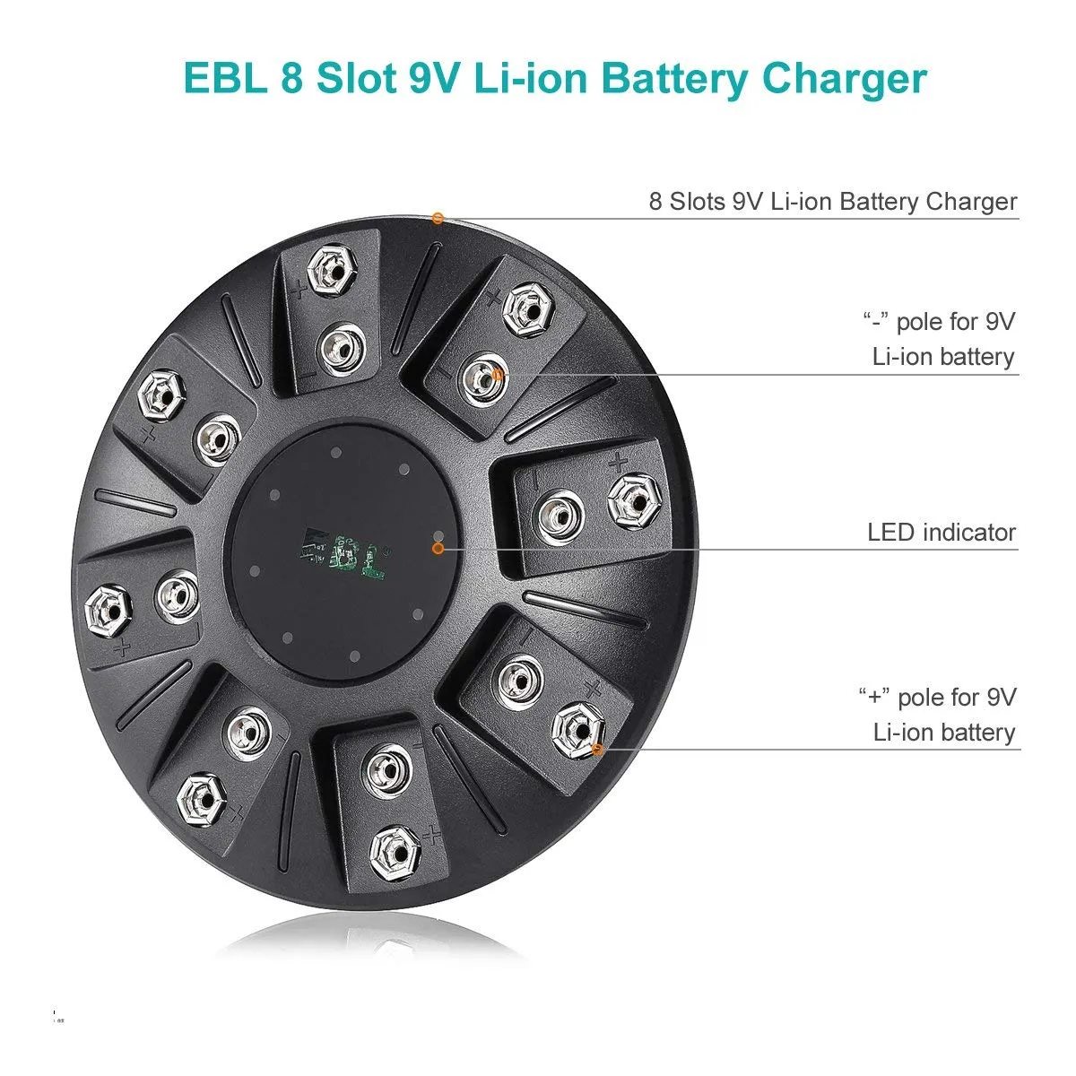 EBL LN-6498 8 Bay Smart Individual Charger with Integrated Over-Charger Over-Current and Over-Voltage Protection, Built-In LED Charge Status Indicator Lights for 9V 6F22 600mAh Li-ion Lithium-ion Rechargeable Batteries