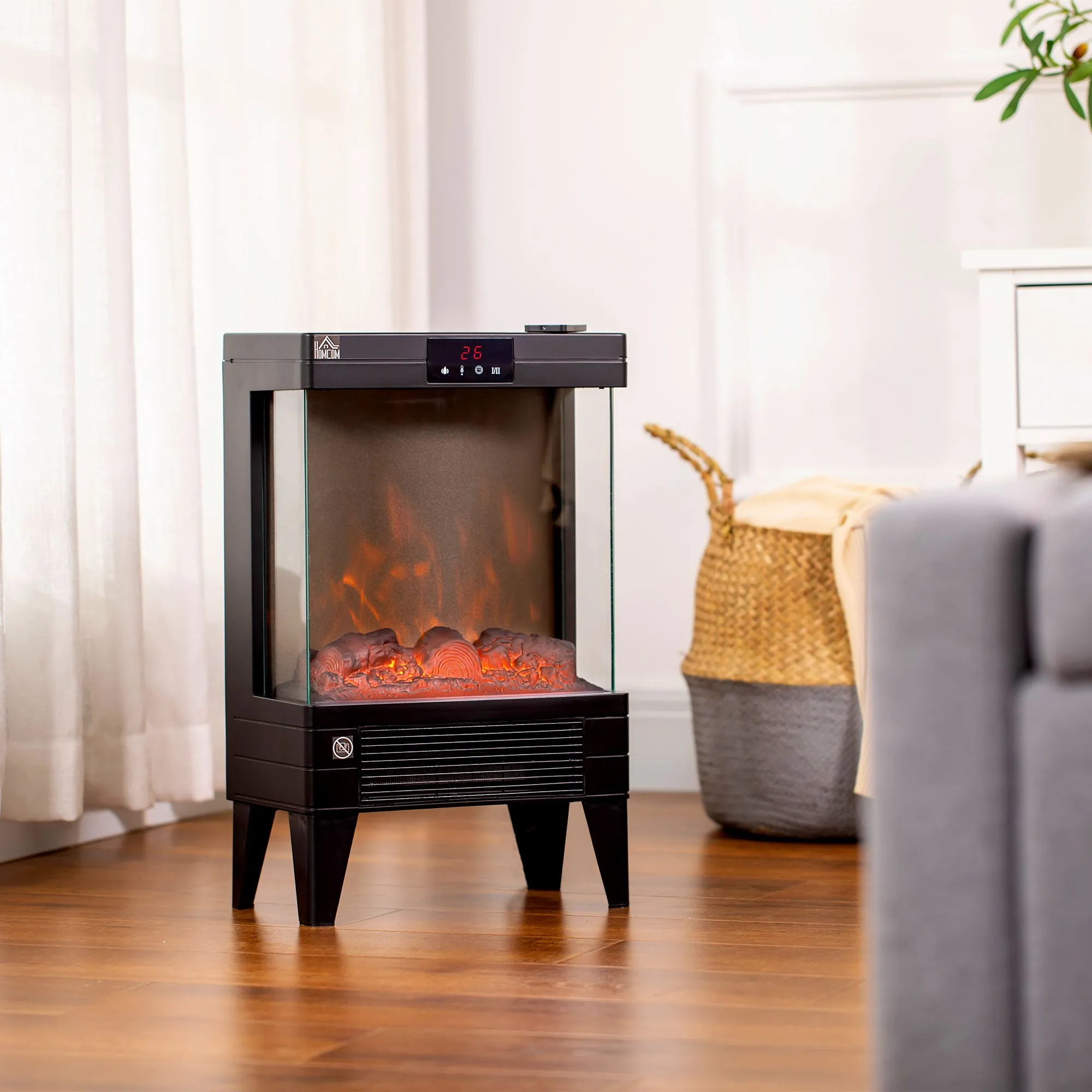 Electric Fireplace Heater, Freestanding 750W/1500W Fireplace, w/ LED Screen, Remote included Quiet Heater Ideal for 25m¬≤ Indoor Use, Black