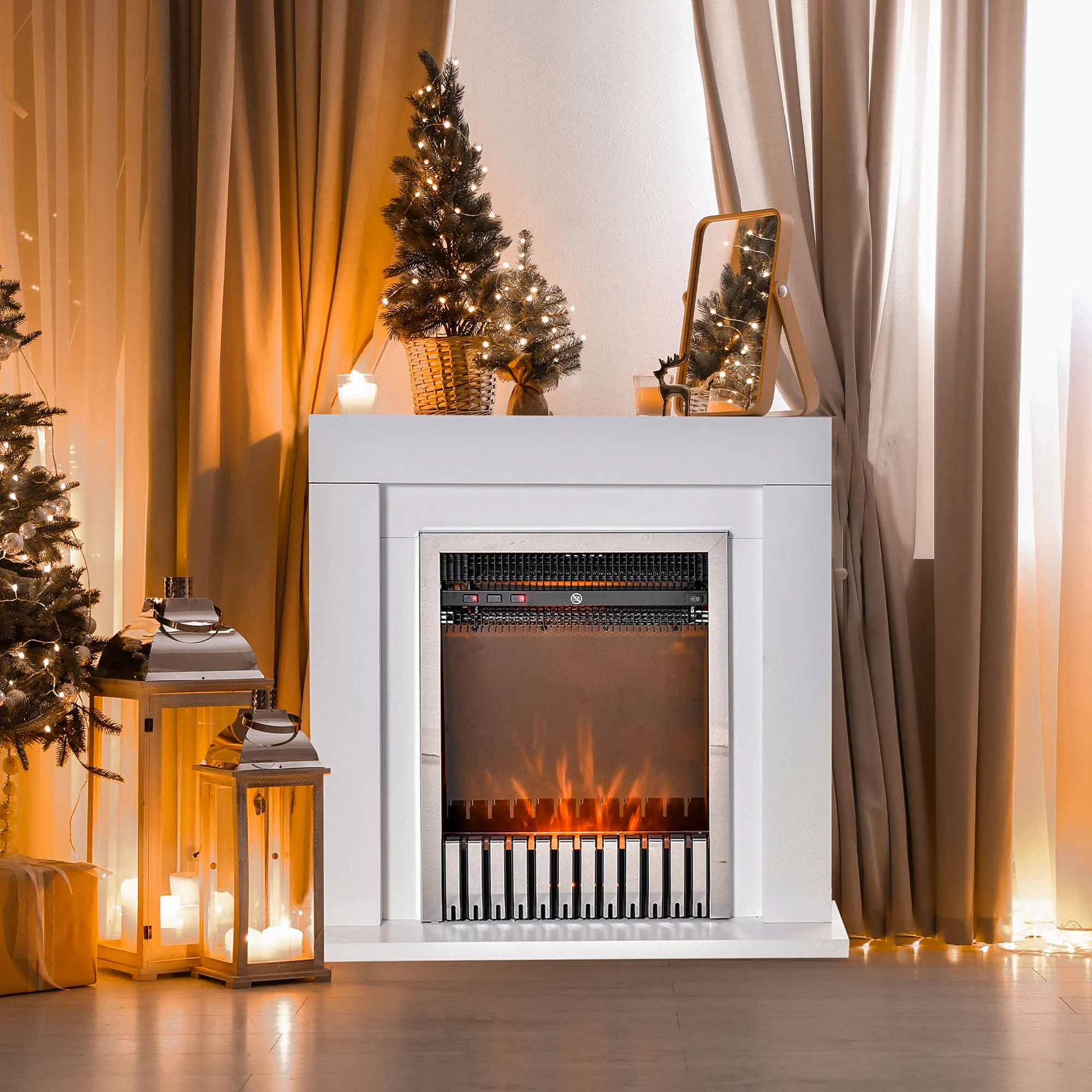 Electric Fireplace Suite with Remote Control, Freestanding Fireplace Heater with Flame Effect, 1kW/2kW, Overheat Protection, White