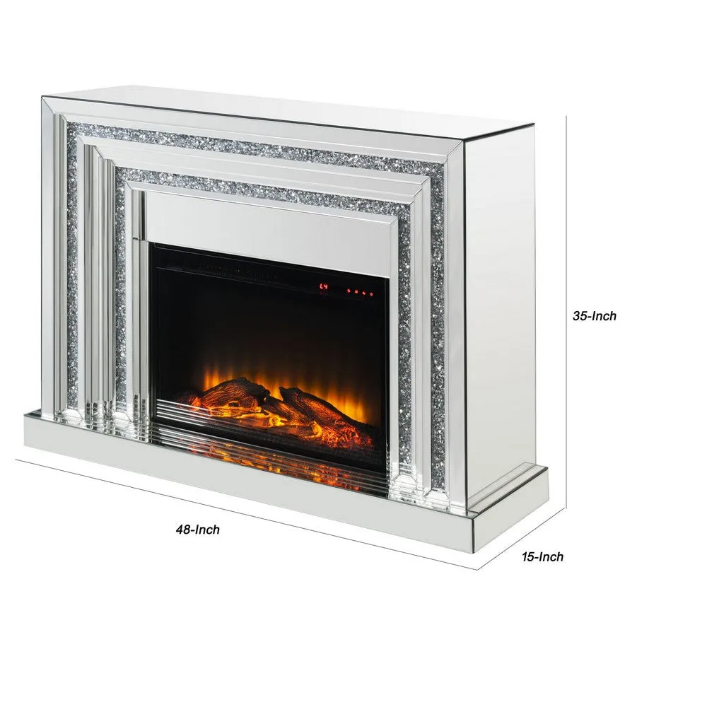 Electric Fireplace with Mirror Panel Framing and Faux Crystals Inlay,Silver By Casagear Home