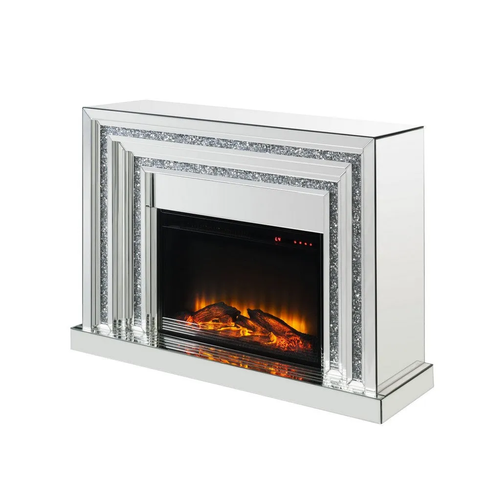 Electric Fireplace with Mirror Panel Framing and Faux Crystals Inlay,Silver By Casagear Home