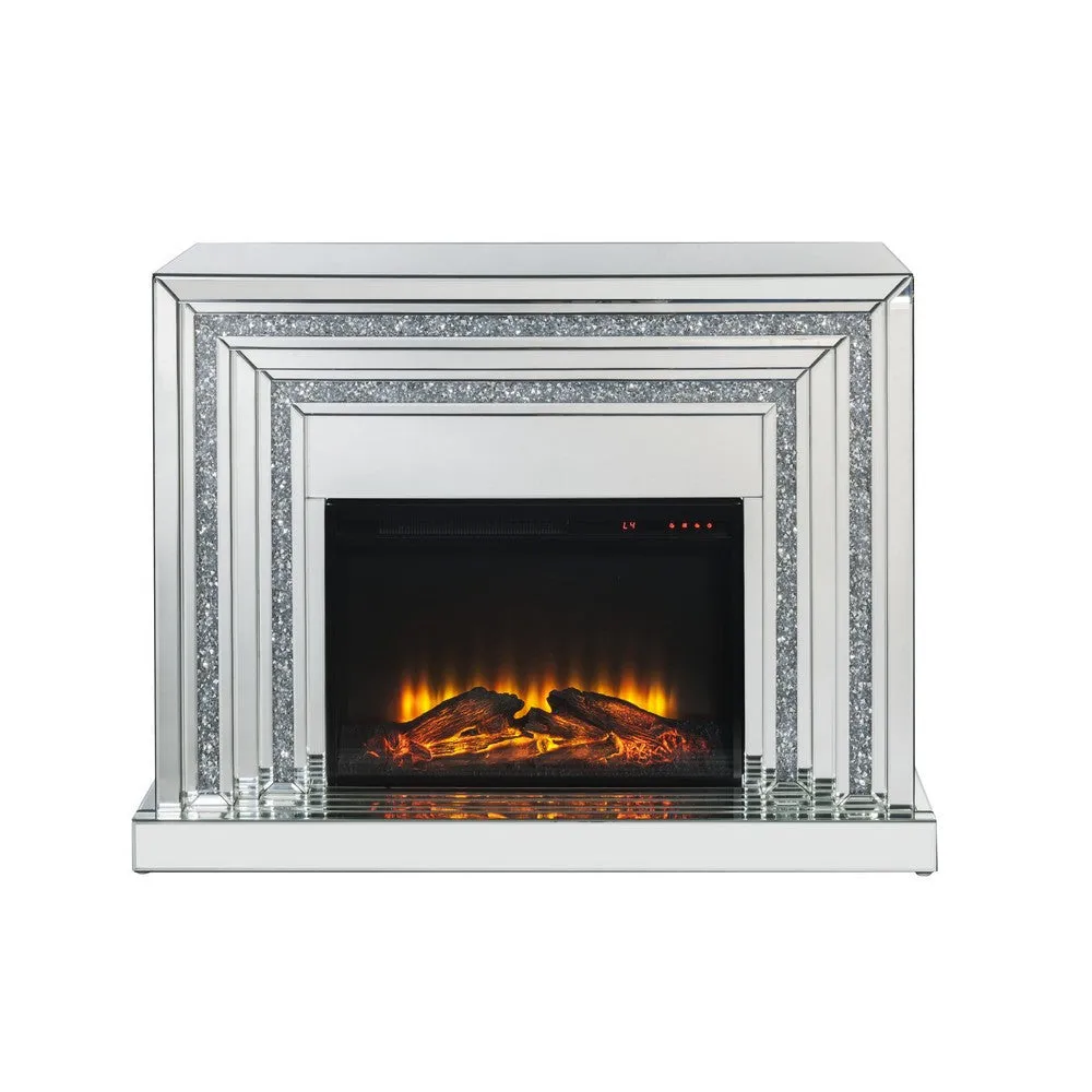 Electric Fireplace with Mirror Panel Framing and Faux Crystals Inlay,Silver By Casagear Home