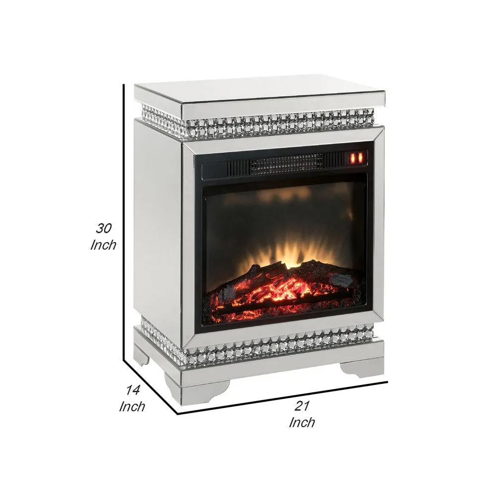 Electric Fireplace with Mirror Panel Framing and Faux Diamonds, Silver By Casagear Home