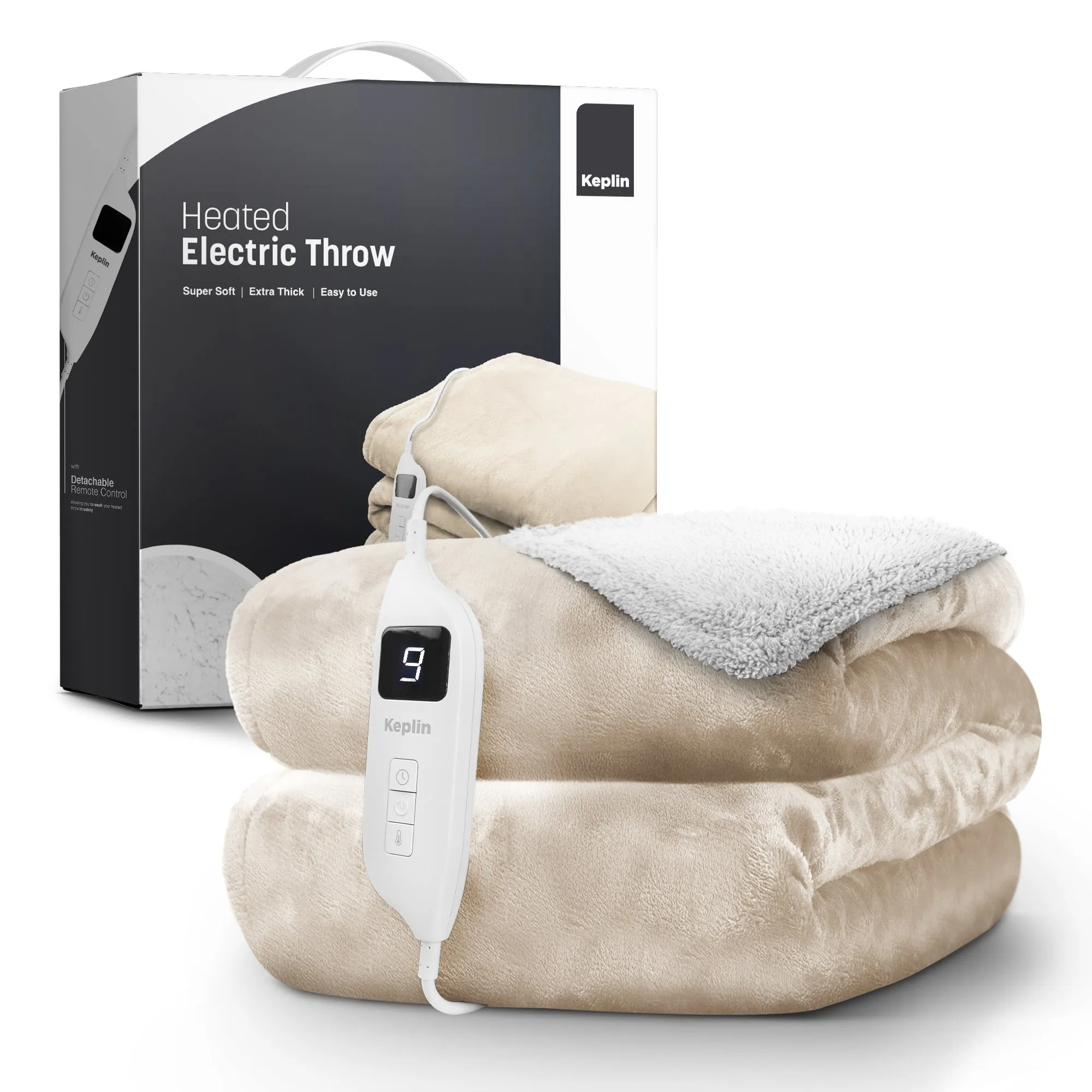 Electric Heated Throw Blanket - Machine Washable Fleece Wool Duvet, 9 Heat Settings & Timer